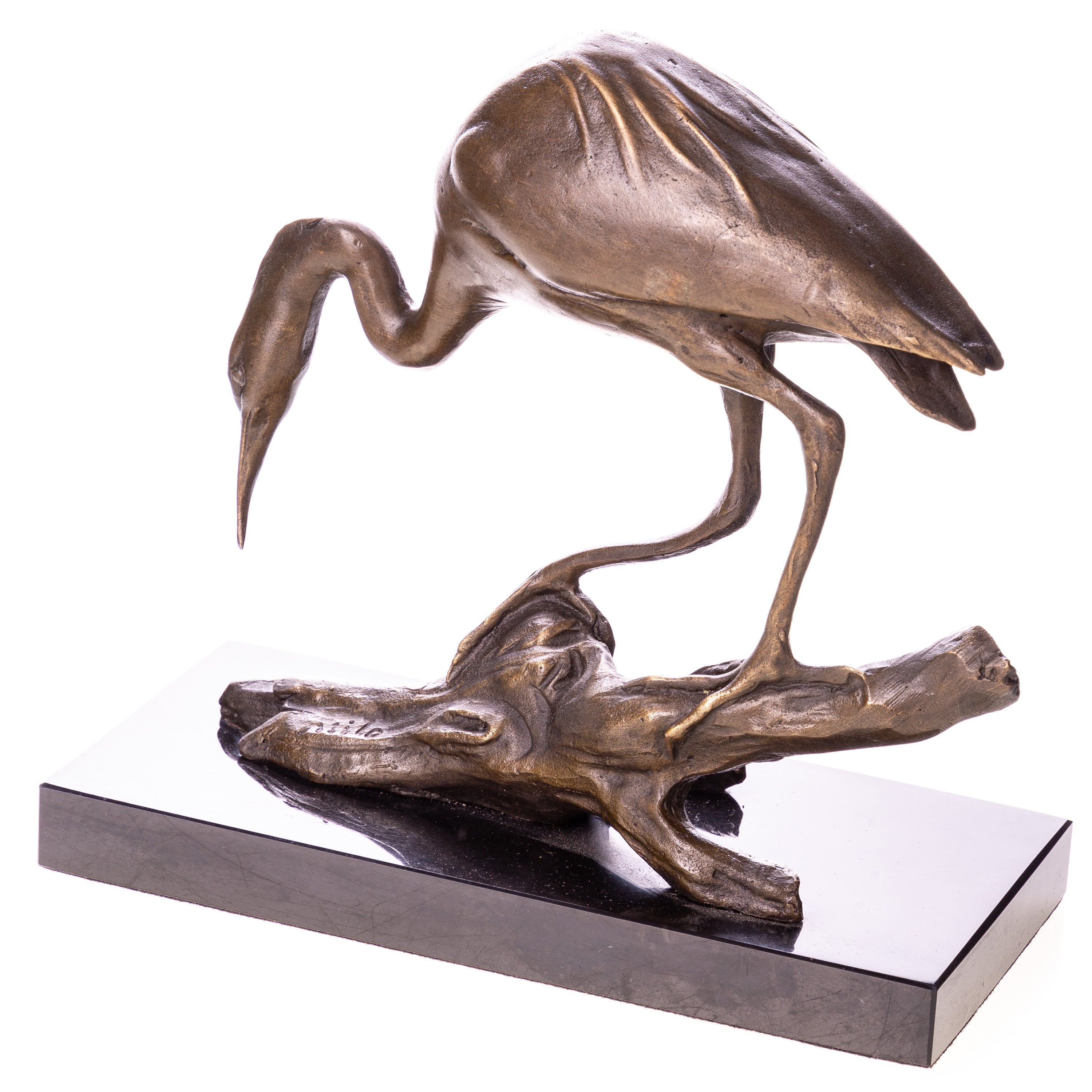 Bronze Skulptur Reiher auf Ast – Tierfigur auf Marmorsockel