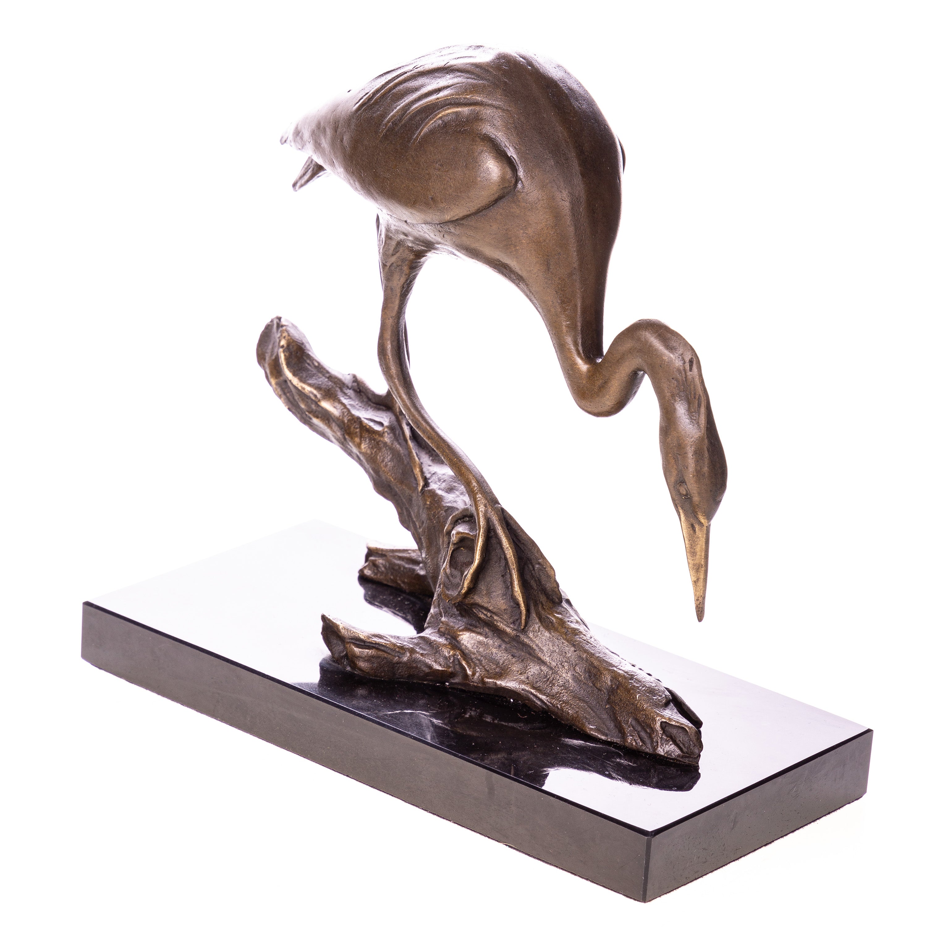 Bronze Skulptur Reiher auf Ast – Tierfigur auf Marmorsockel