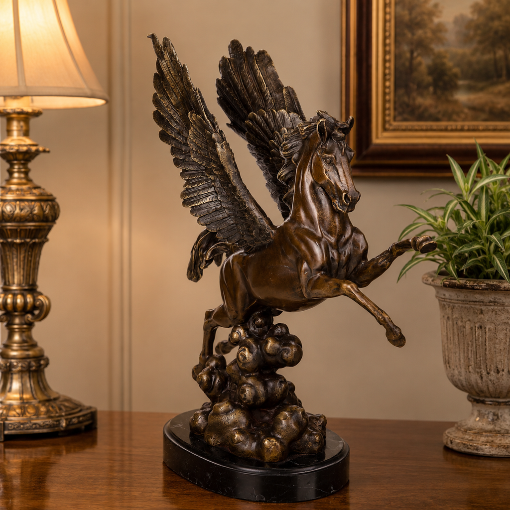 Bronze Skulptur Pegasus - signierte Mythologie Figur auf Marmorsockel