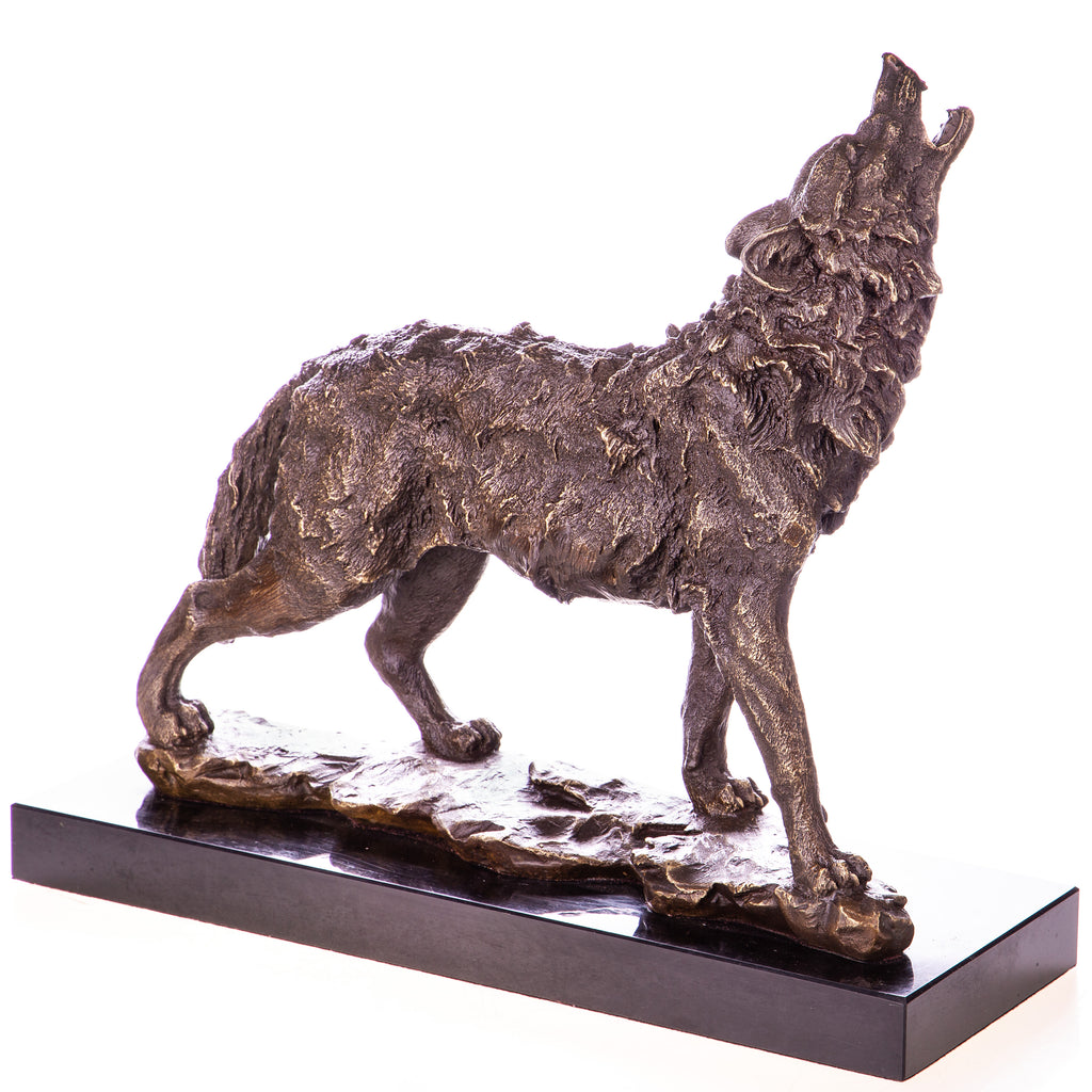 Bronze Skulptur heulender Wolf nach A. L. Barye – Tierfigur auf Marmorsockel