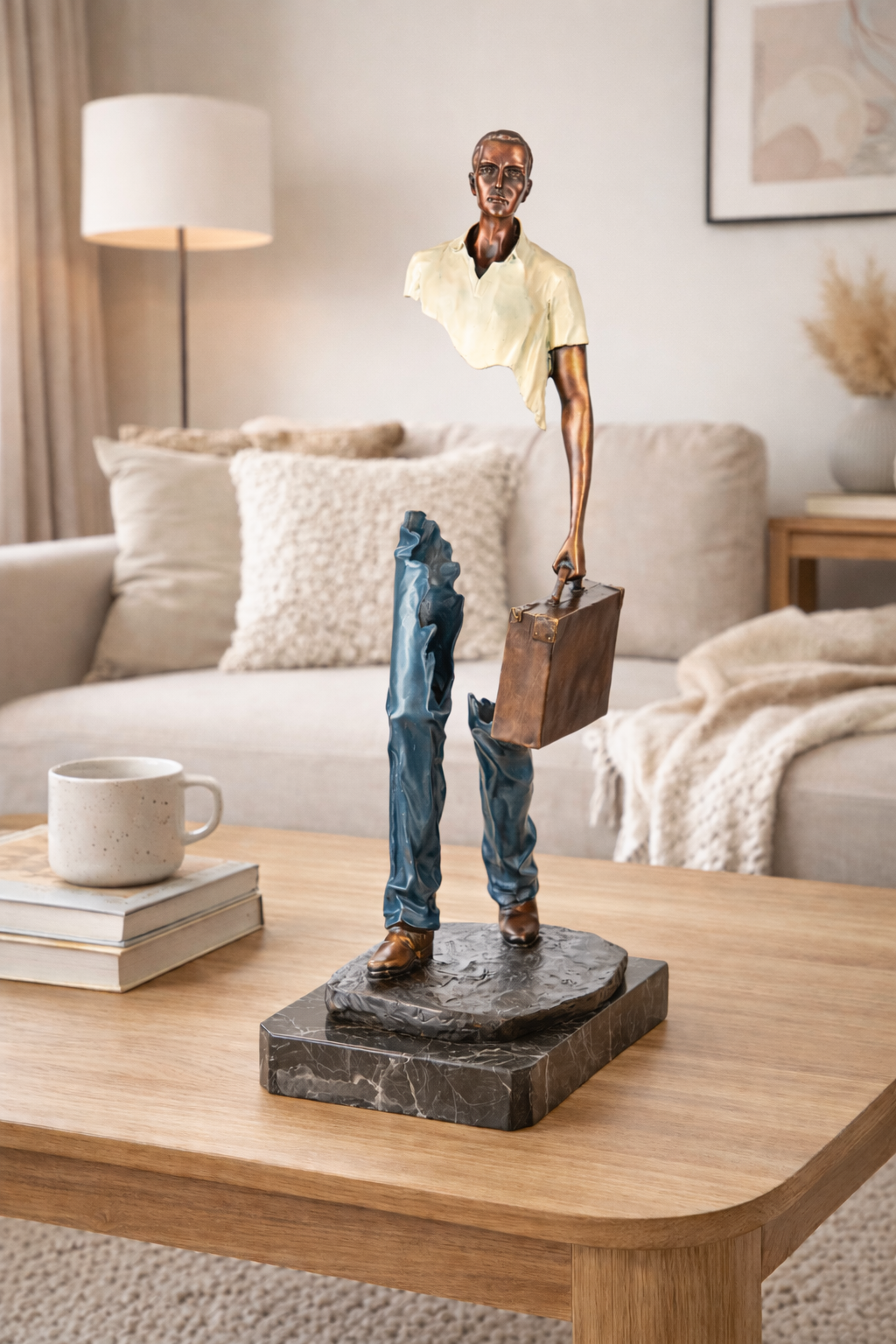 Bronzeskulptur Reisender mit Koffer – Kunstfigur auf Marmorsockel
