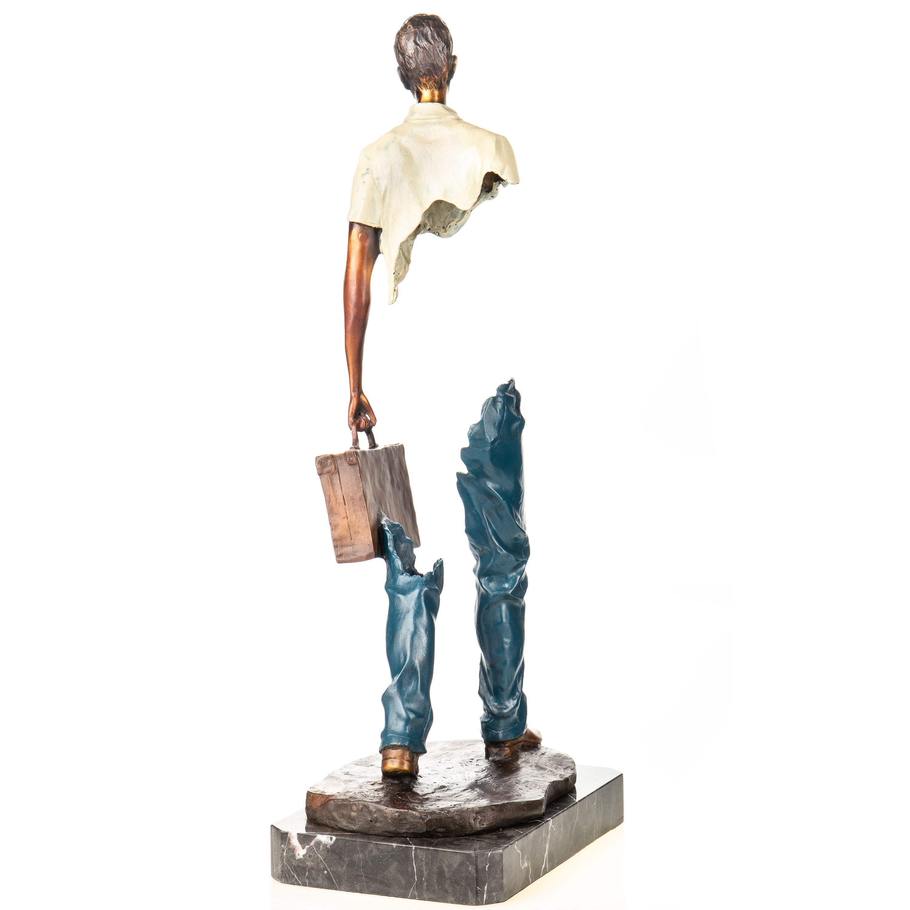 Bronzeskulptur Reisender mit Koffer – Kunstfigur auf Marmorsockel