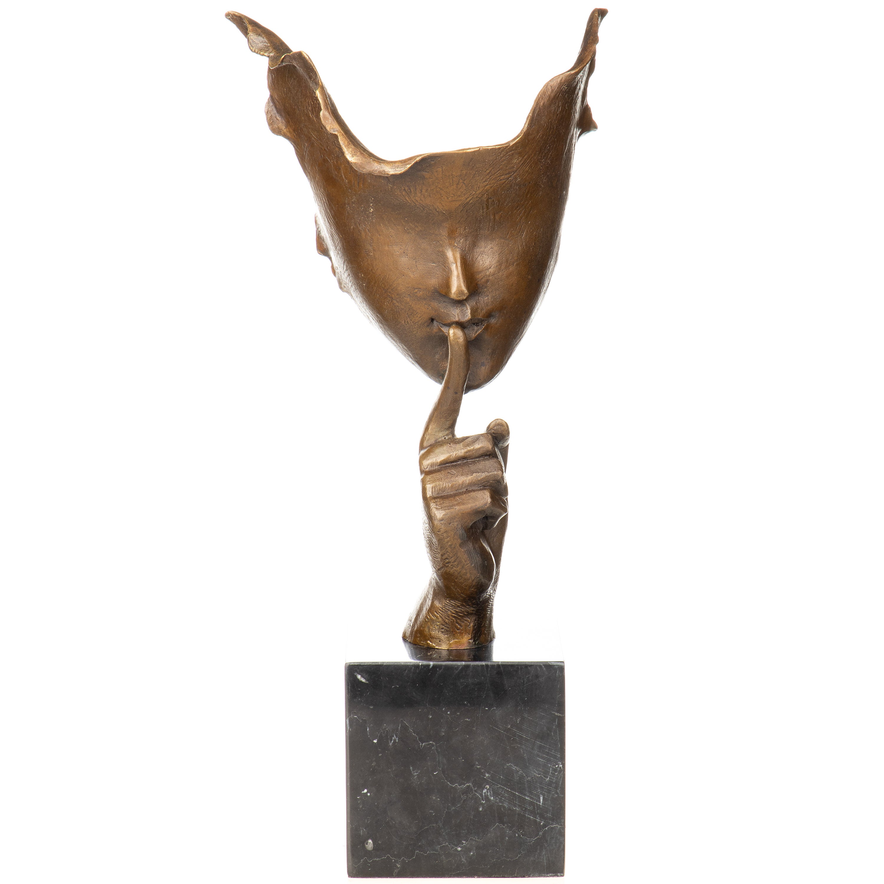 Moderne Bronze Skulptur „Silence“ auf Marmorsockel – signierte Gesichtsskulptur
