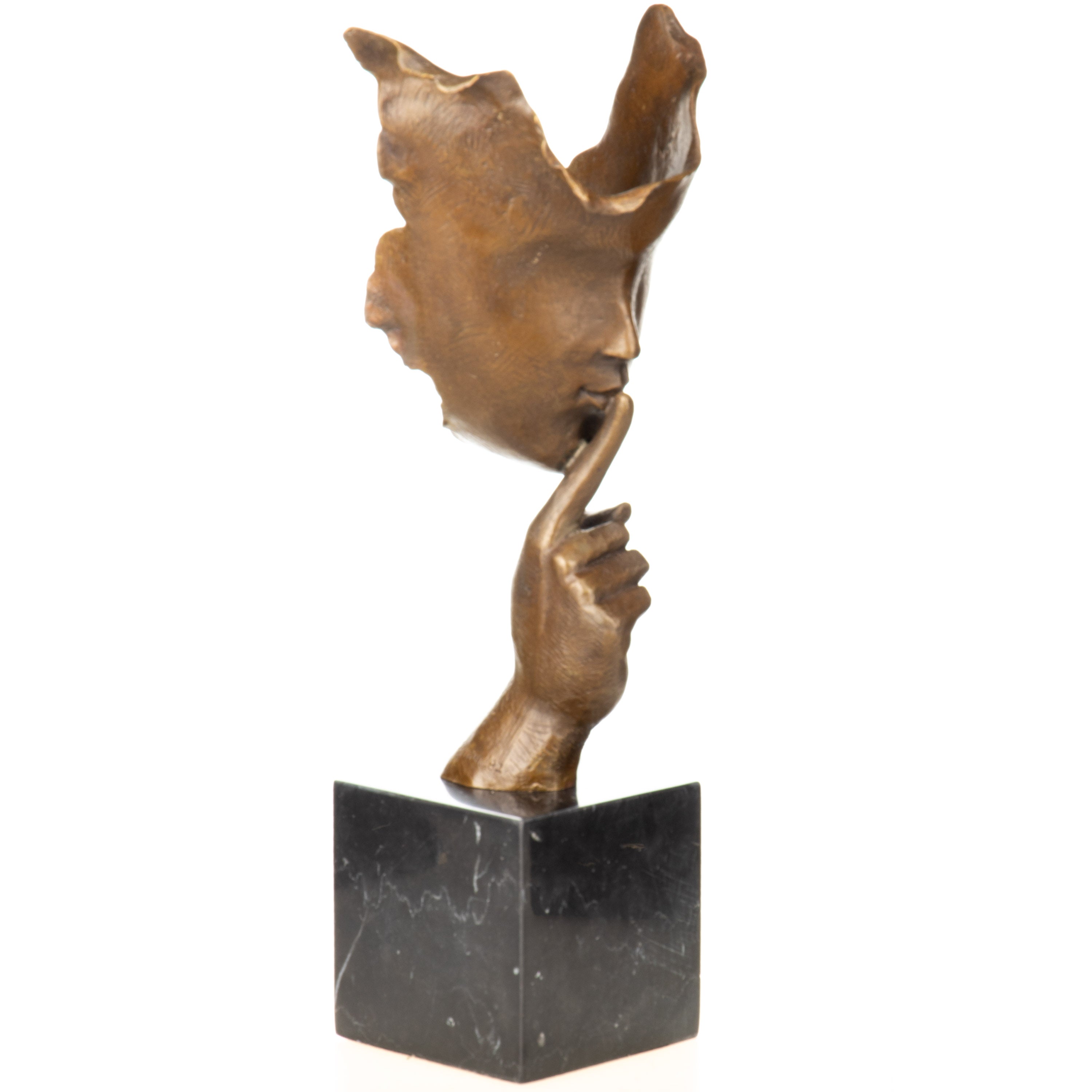 Moderne Bronze Skulptur „Silence“ auf Marmorsockel – signierte Gesichtsskulptur