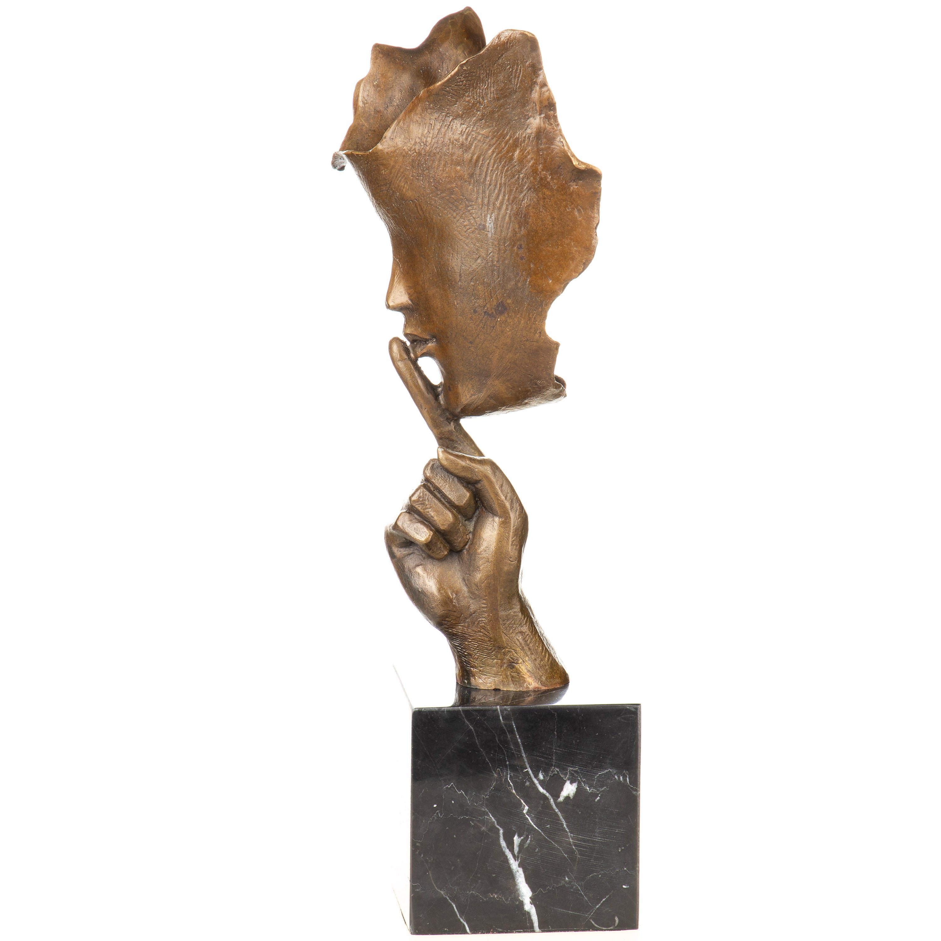 Moderne Bronze Skulptur „Silence“ auf Marmorsockel – signierte Gesichtsskulptur