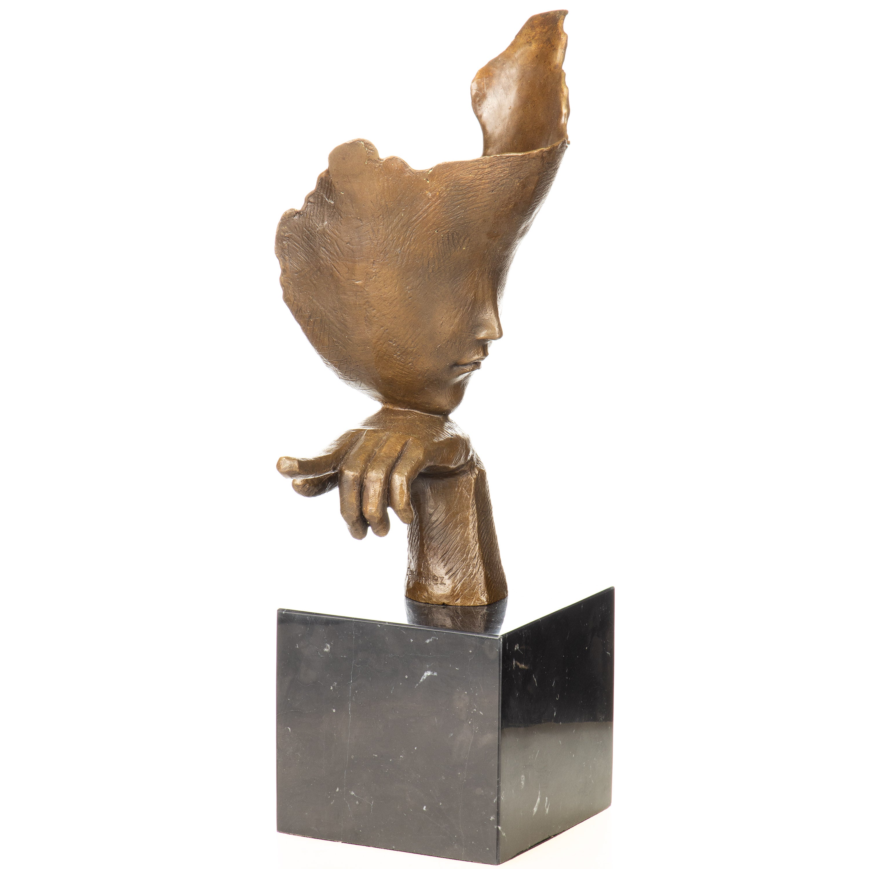 Moderne Bronze Skulptur auf Marmorsockel – signierte abstrakte Gesichtsskulptur