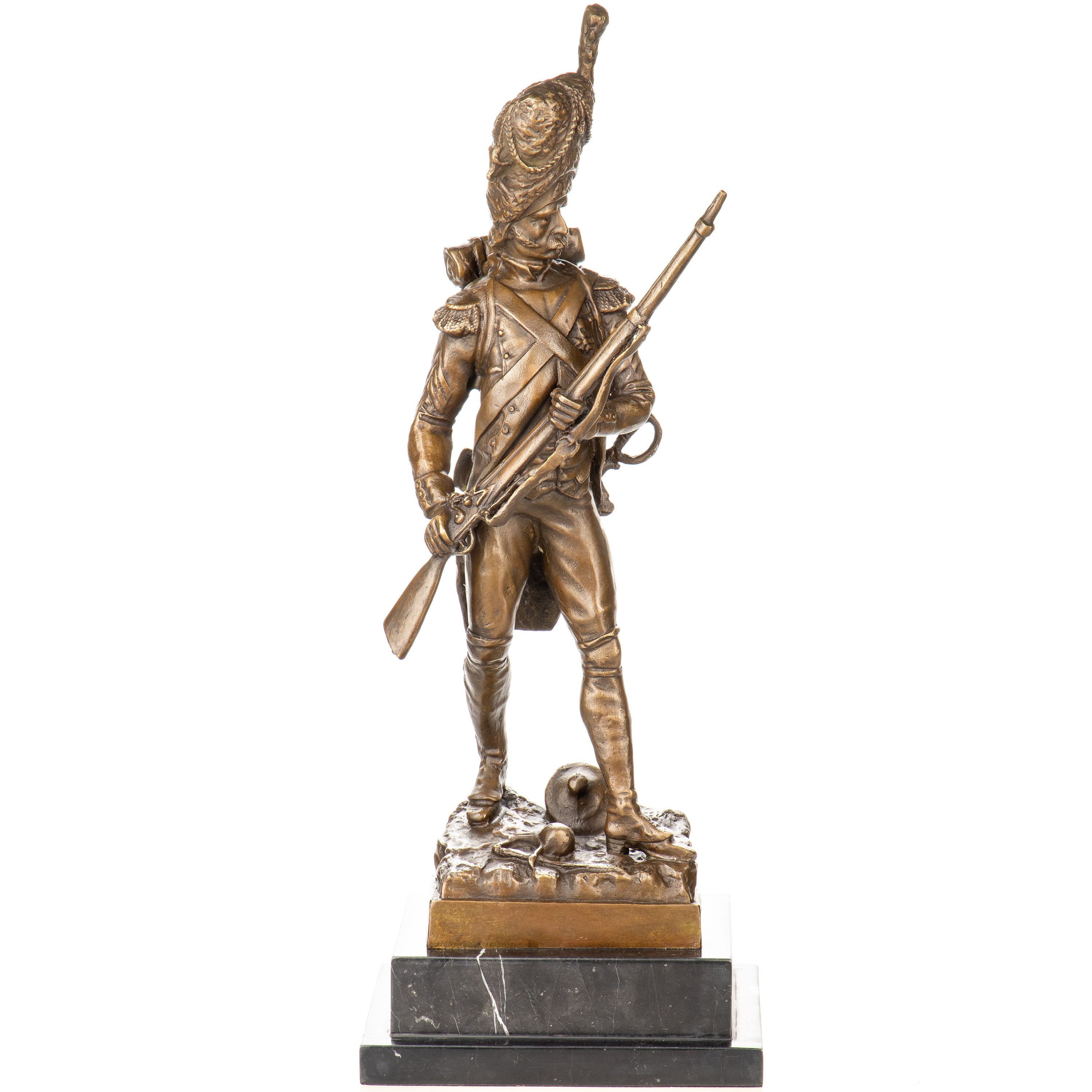 Bronze Skulptur Soldat mit Gewehr - signiert & auf Marmorsockel