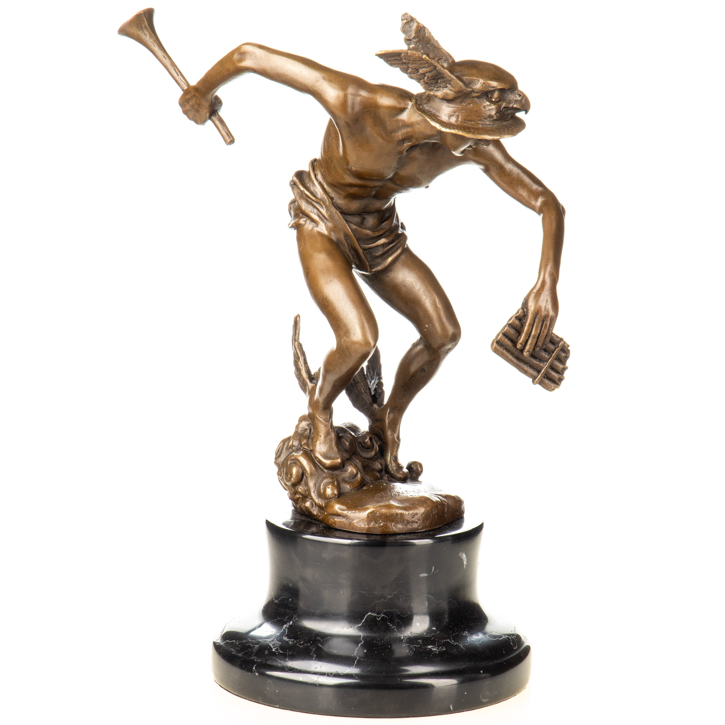 Bronze Skulptur Merkur / Hermes mit Flügelhelm & Panflöte – Marmorsockel