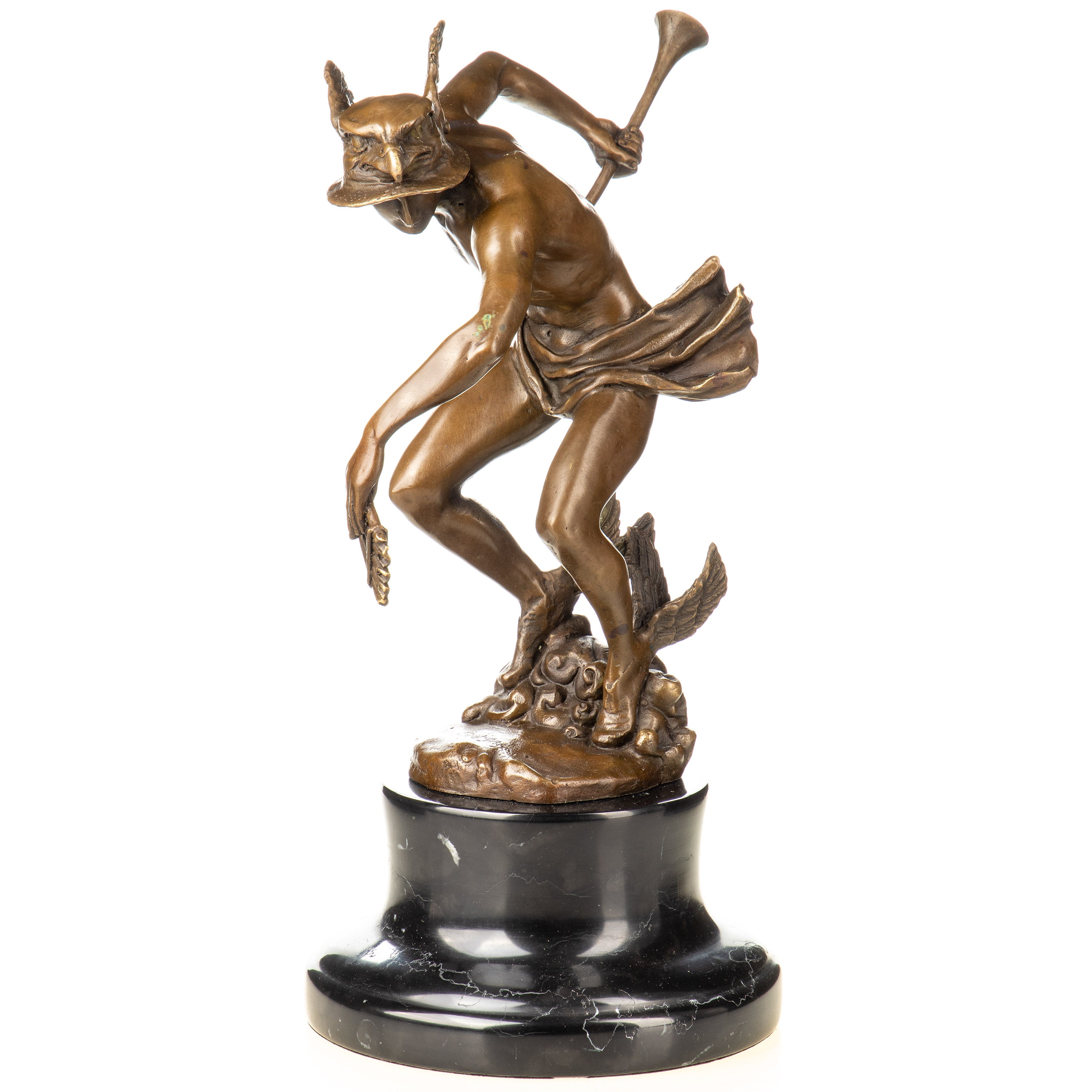 Bronze Skulptur Merkur / Hermes mit Flügelhelm & Panflöte – Marmorsockel