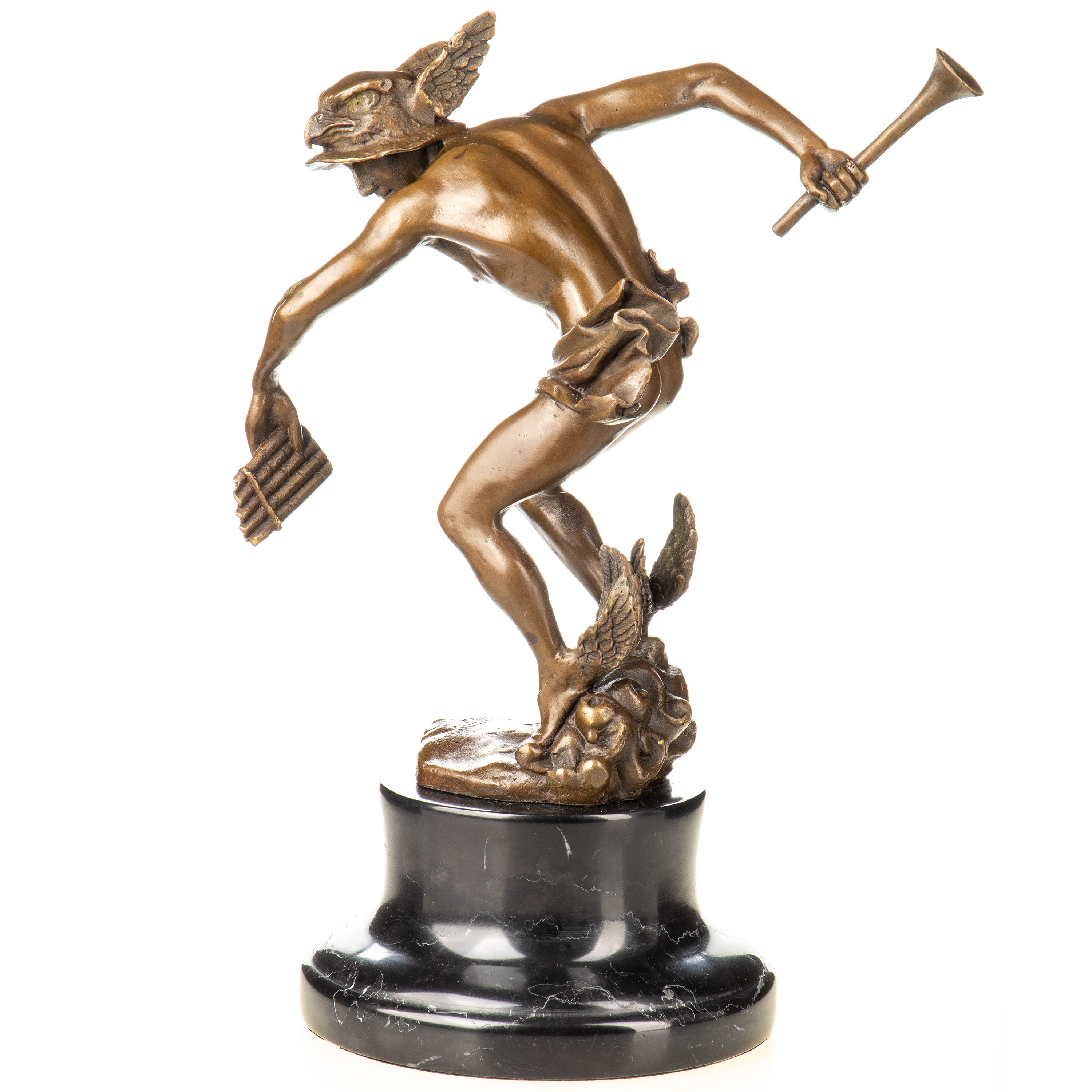 Bronze Skulptur Merkur / Hermes mit Flügelhelm & Panflöte – Marmorsockel