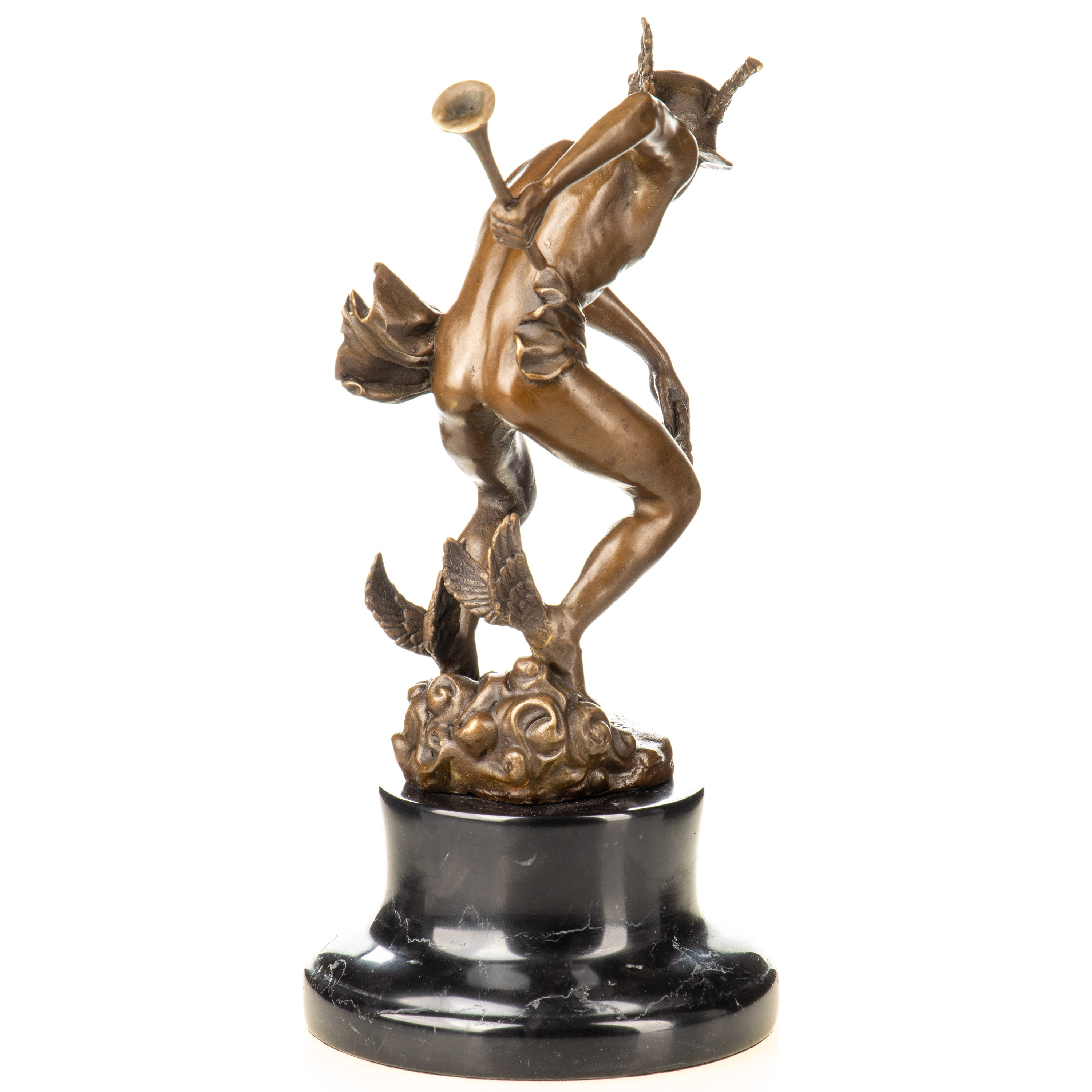 Bronze Skulptur Merkur / Hermes mit Flügelhelm & Panflöte – Marmorsockel