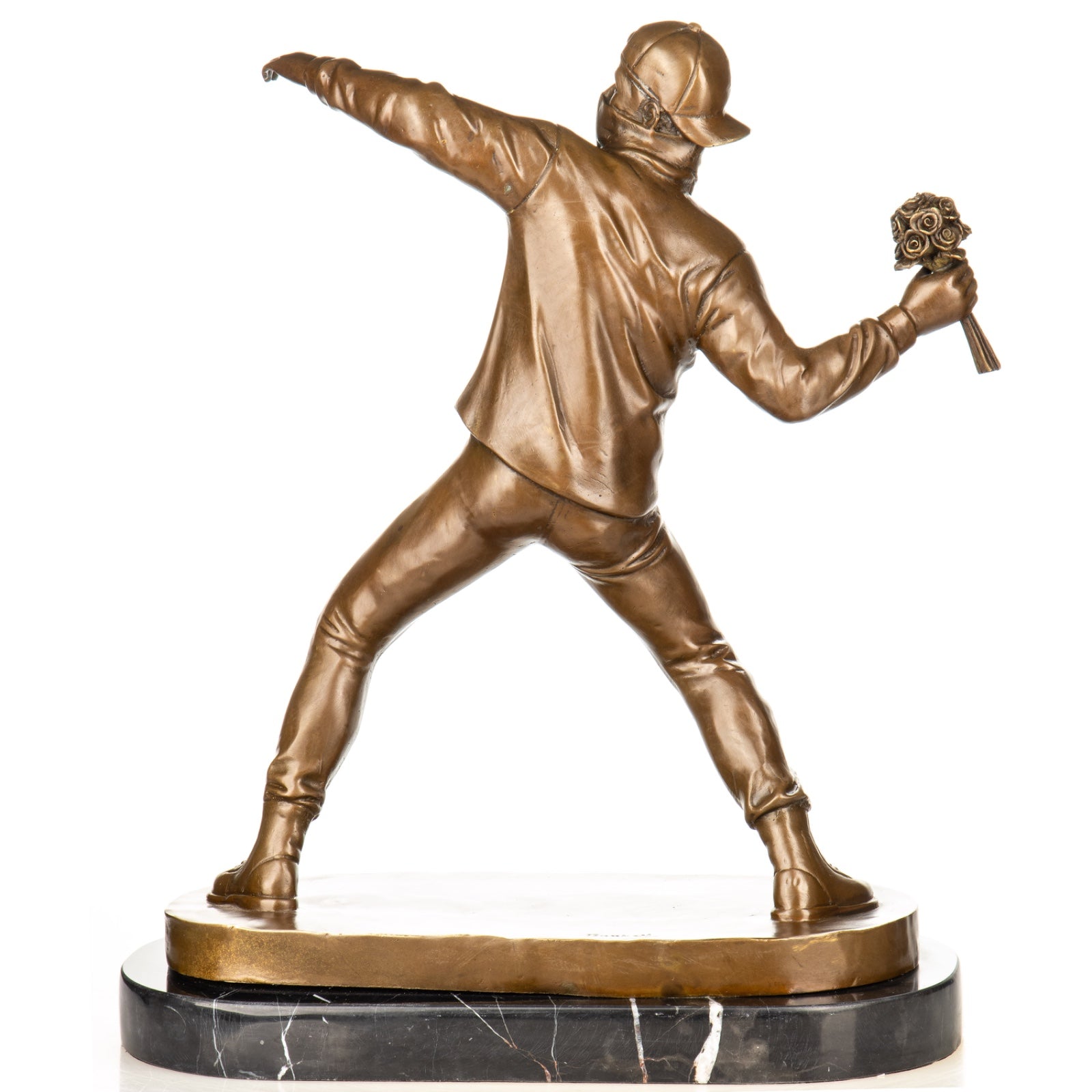 Bronze Skulptur Flower Thrower nach Banksy - signierte Street Art auf Marmorsockel