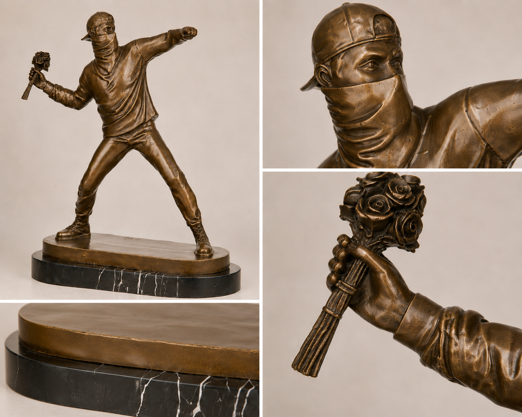 Bronze Skulptur Flower Thrower nach Banksy - signierte Street Art auf Marmorsockel
