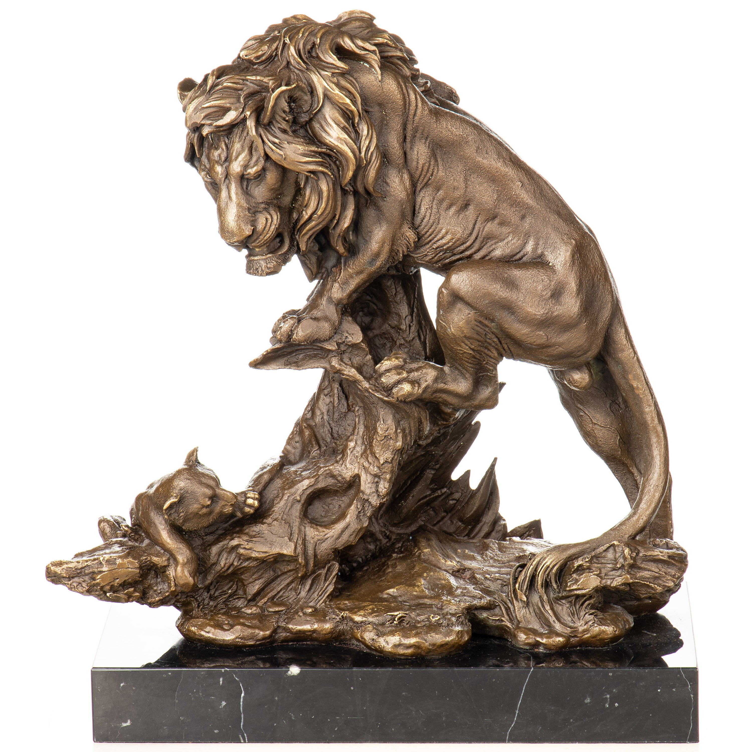 Bronze Skulptur Löwe mit Jungtier – Tierfigur auf Marmorsockel