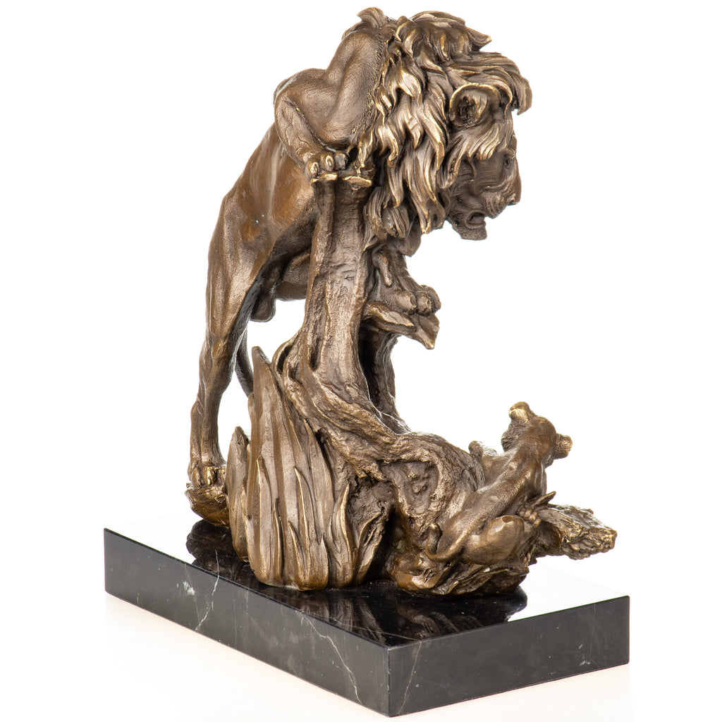 Bronze Skulptur Löwe mit Jungtier – Tierfigur auf Marmorsockel