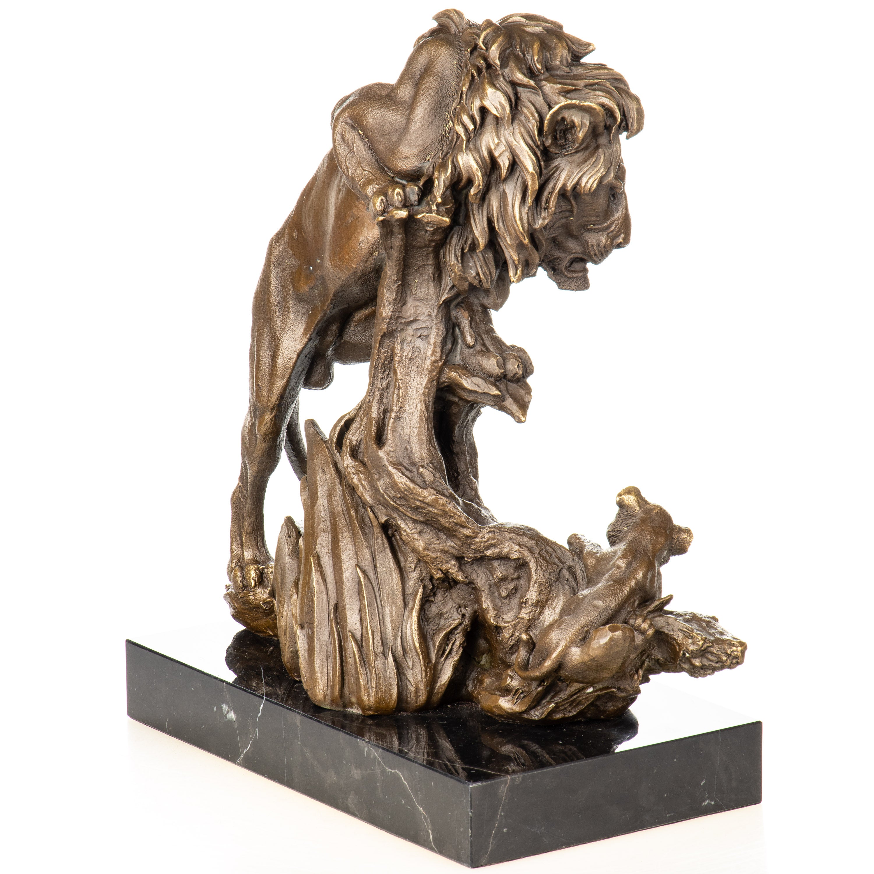 Bronze Skulptur Löwe mit Jungtier – Tierfigur auf Marmorsockel