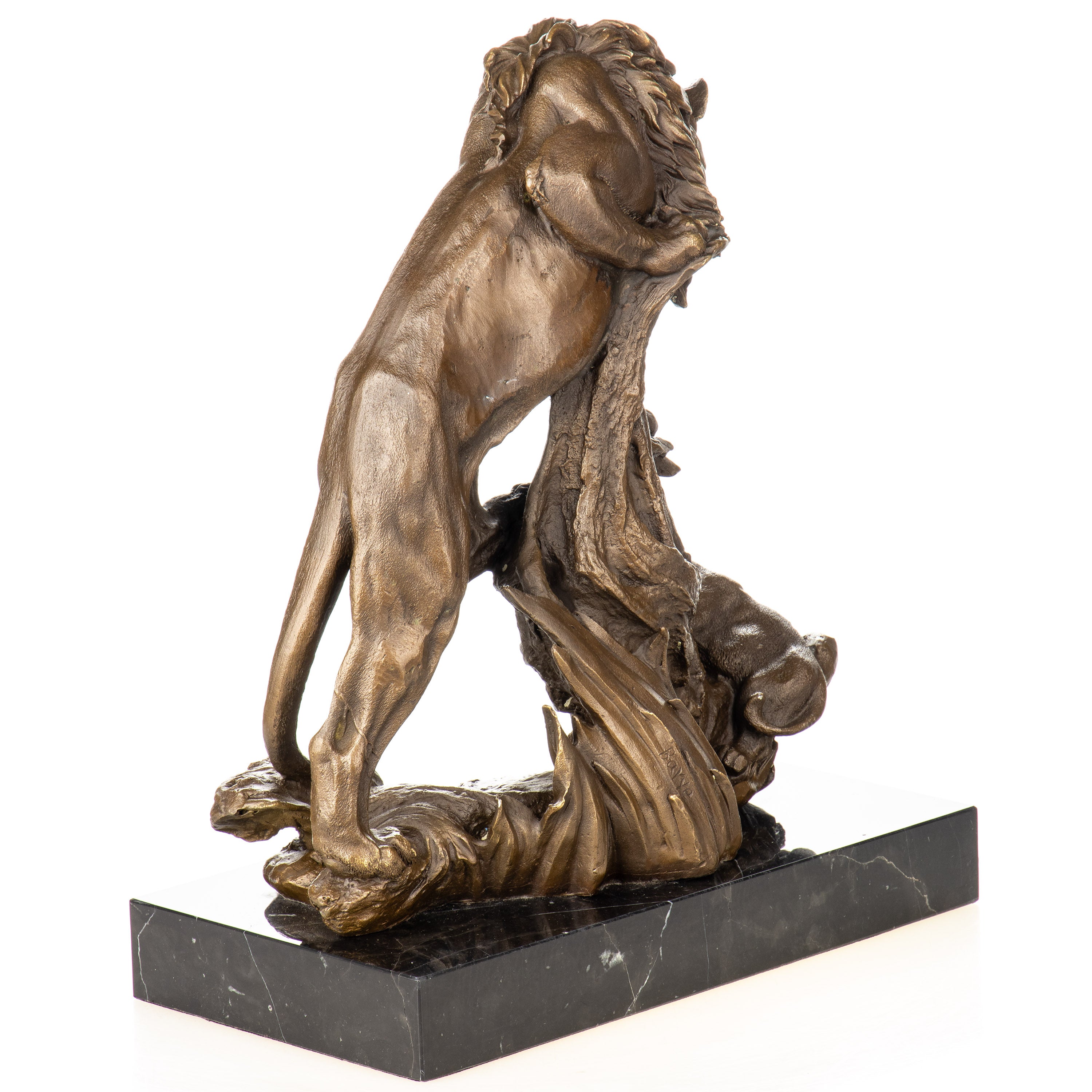Bronze Skulptur Löwe mit Jungtier – Tierfigur auf Marmorsockel