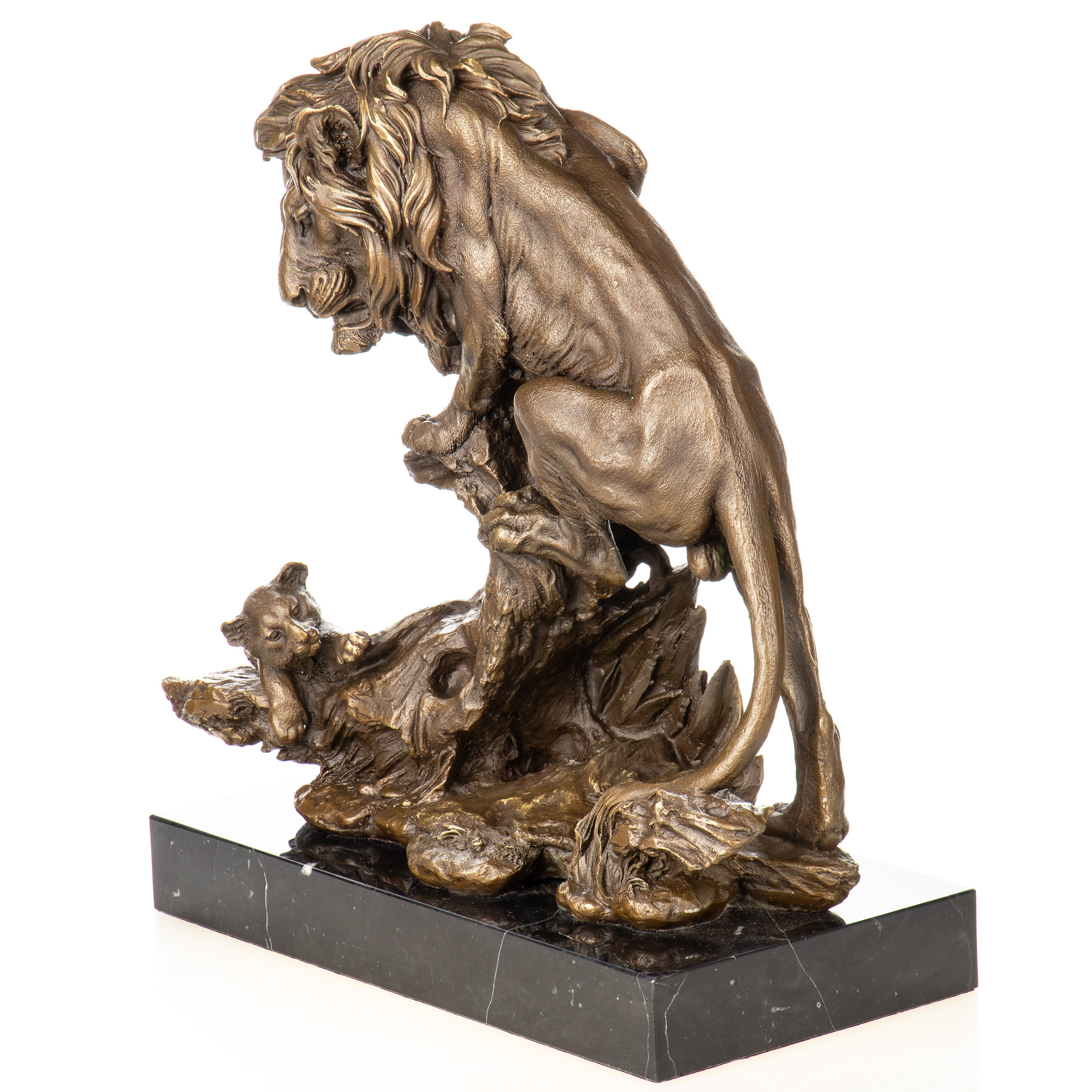 Bronze Skulptur Löwe mit Jungtier – Tierfigur auf Marmorsockel