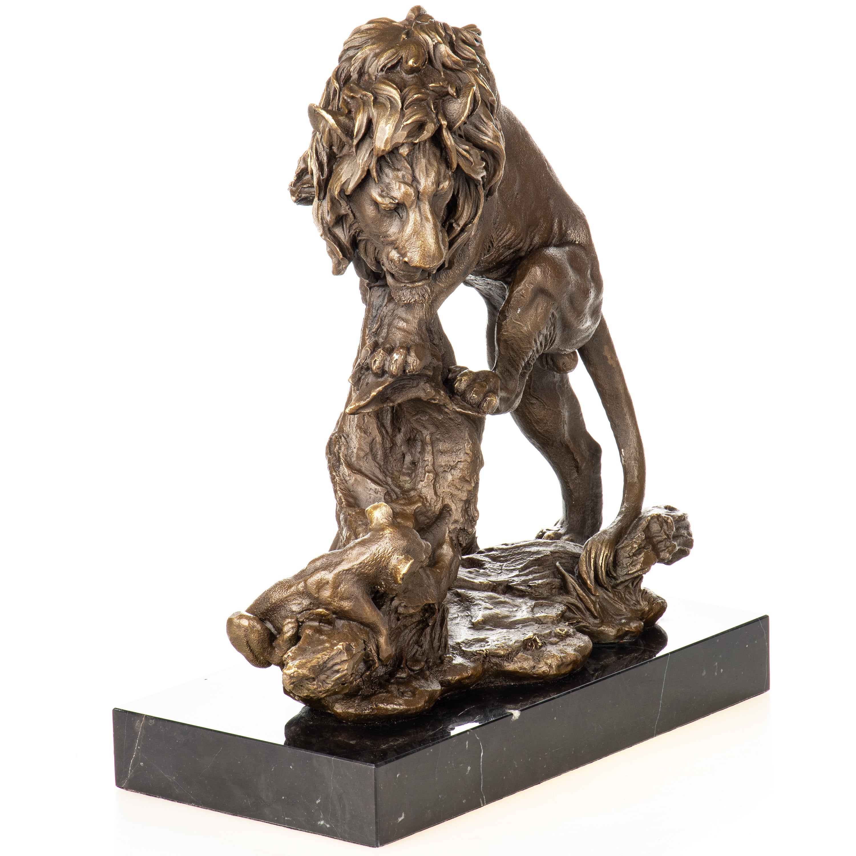 Bronze Skulptur Löwe mit Jungtier – Tierfigur auf Marmorsockel