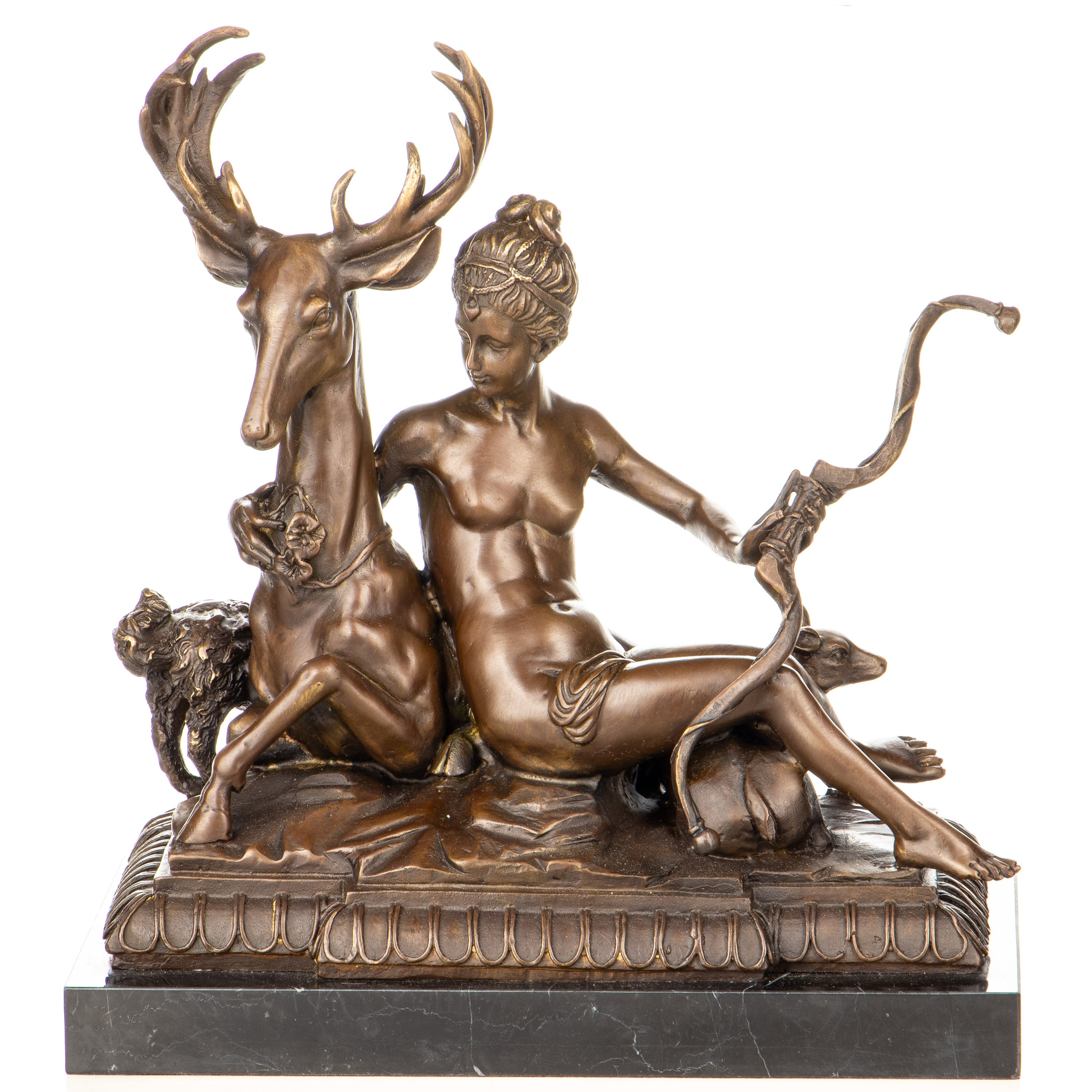 Bronze Skulptur Göttin Diana / Artemis mit Hirsch – Figur auf Marmorsockel