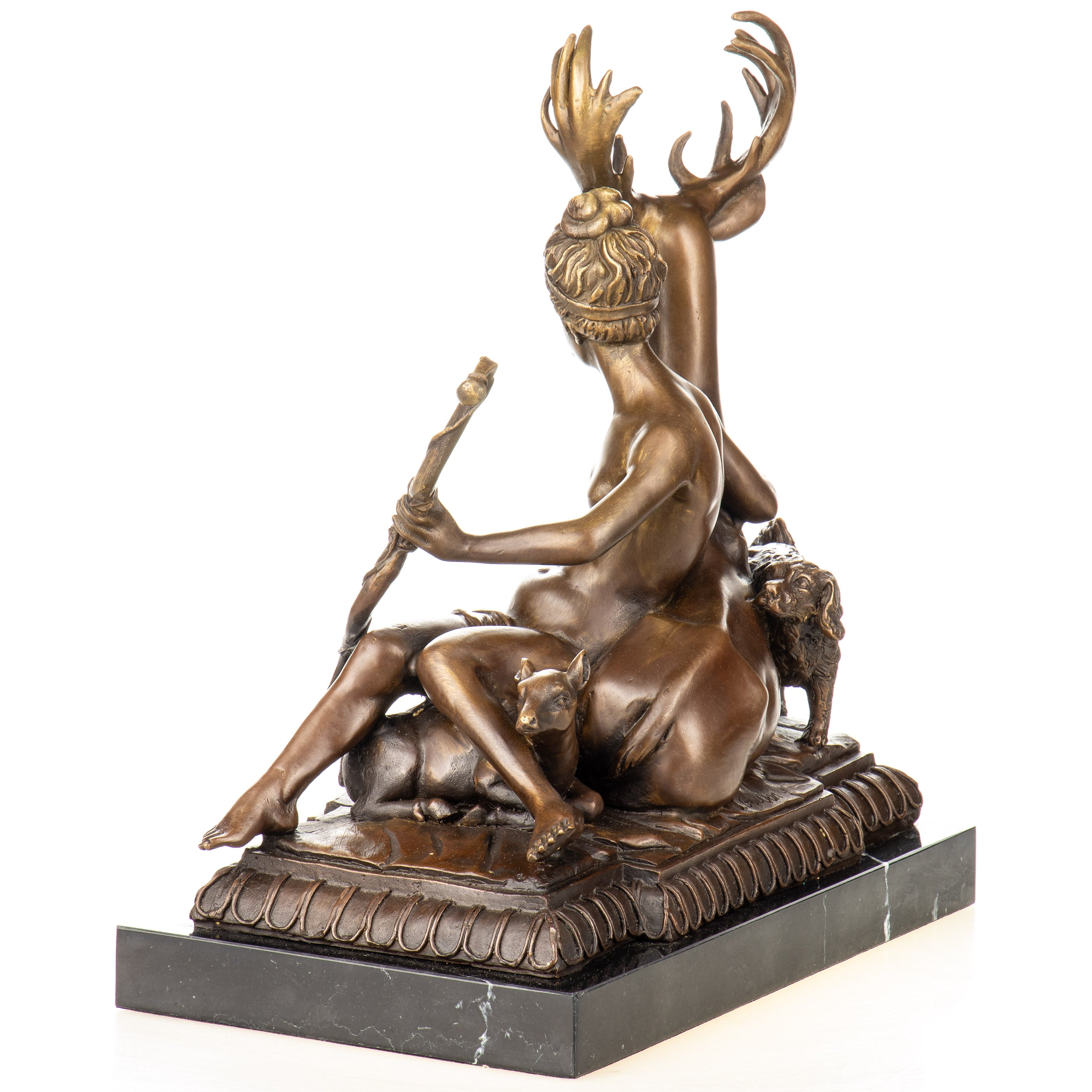 Bronze Skulptur Göttin Diana / Artemis mit Hirsch – Figur auf Marmorsockel