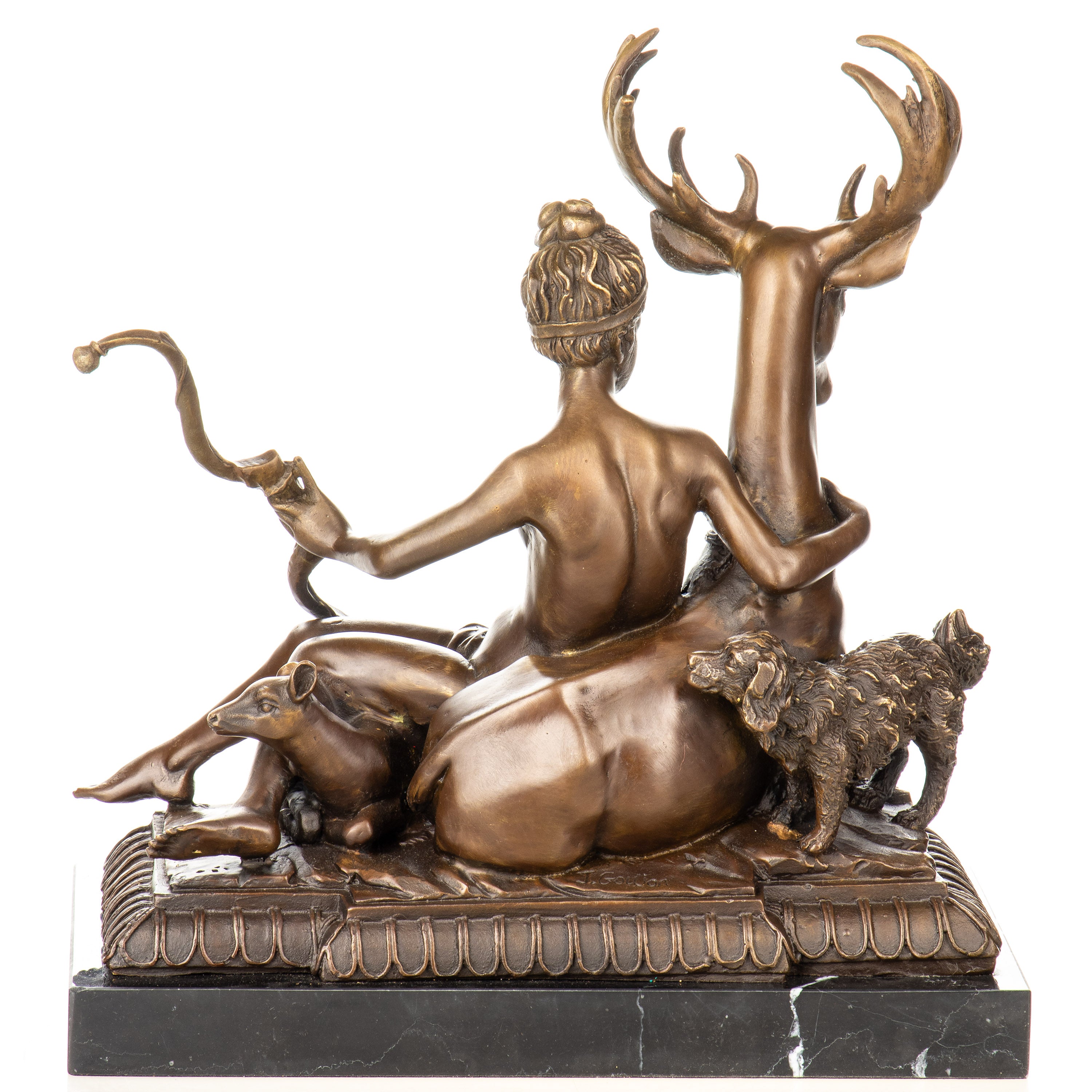 Bronze Skulptur Göttin Diana / Artemis mit Hirsch – Figur auf Marmorsockel