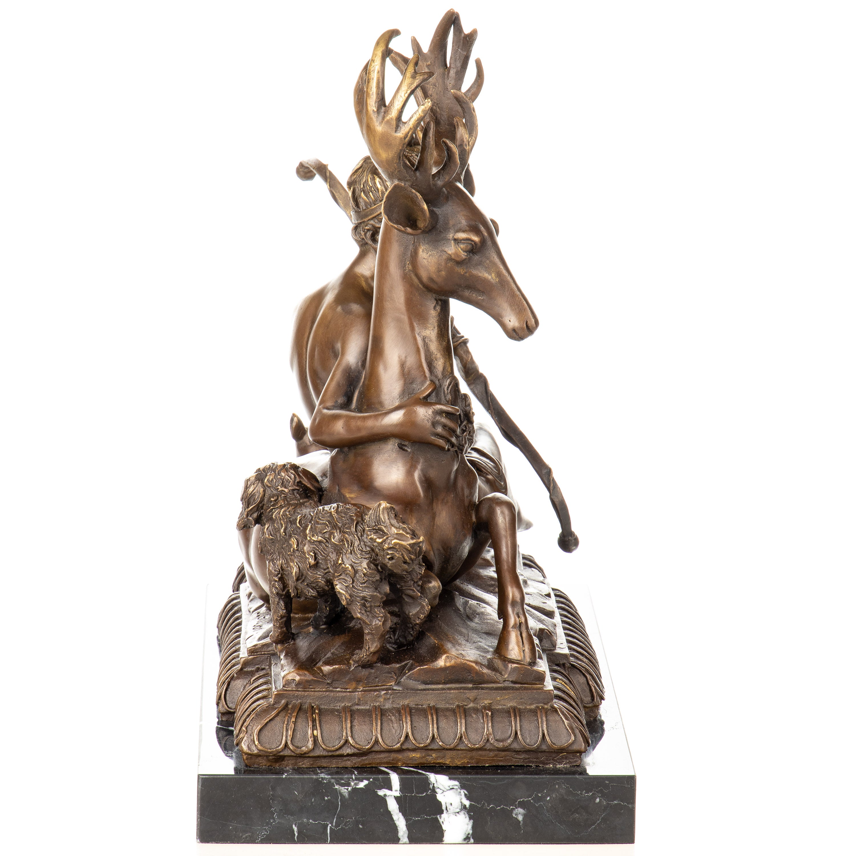 Bronze Skulptur Göttin Diana / Artemis mit Hirsch – Figur auf Marmorsockel