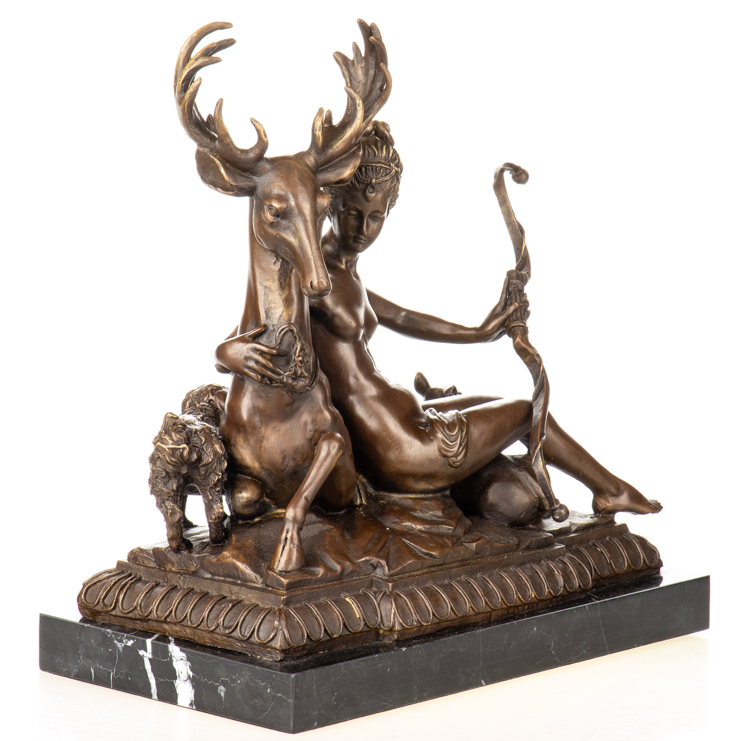 Bronze Skulptur Göttin Diana / Artemis mit Hirsch – Figur auf Marmorsockel