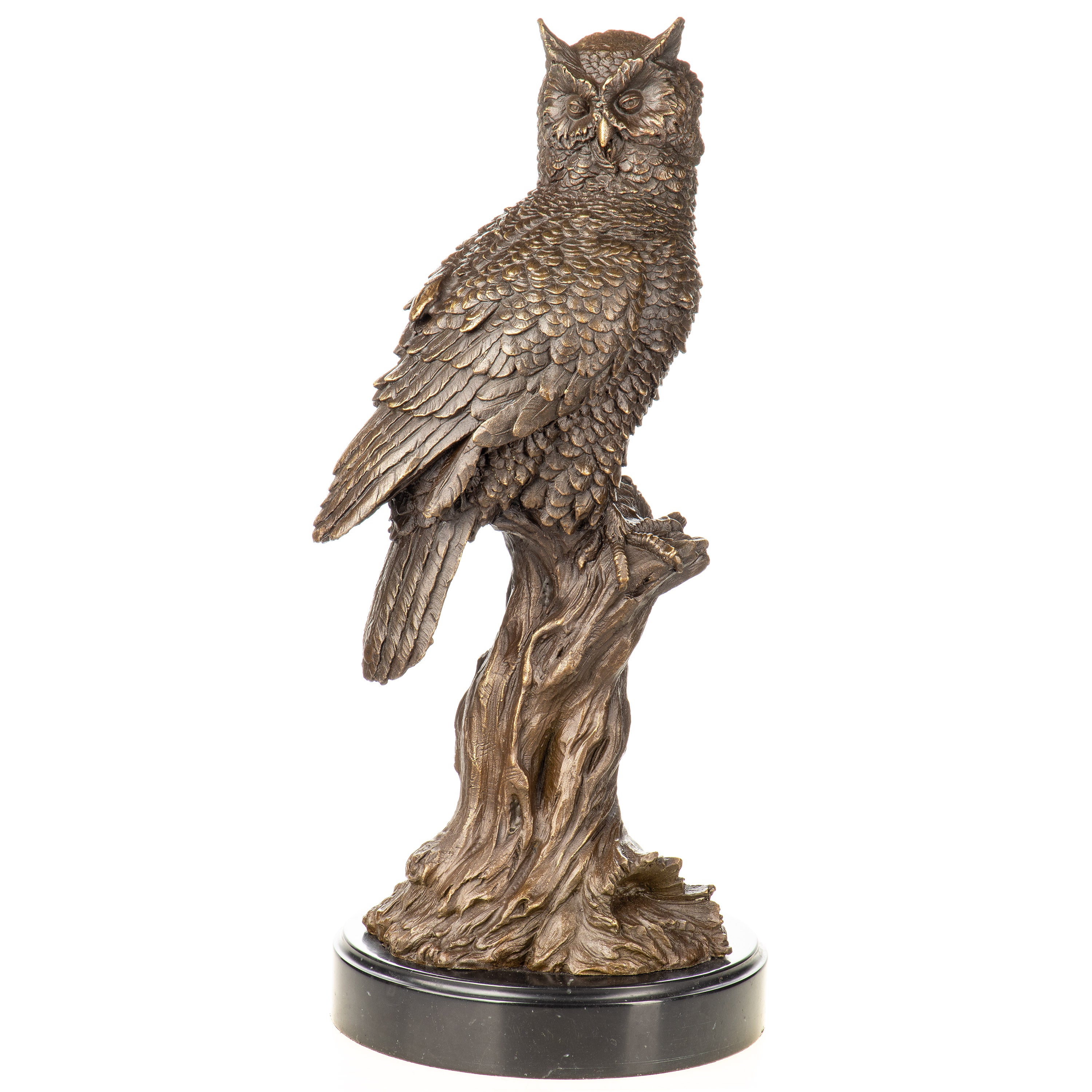 Bronze Skulptur Eule auf Baumstamm – Tierfigur auf Marmorsockel