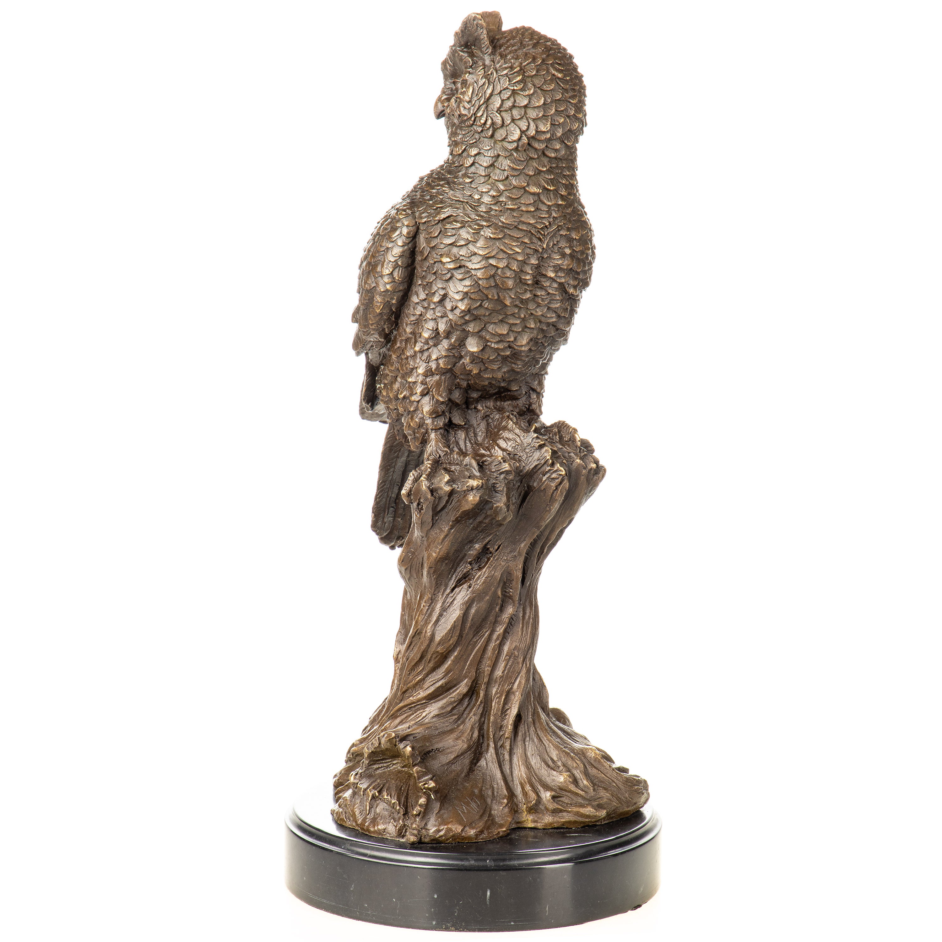 Bronze Skulptur Eule auf Baumstamm – Tierfigur auf Marmorsockel