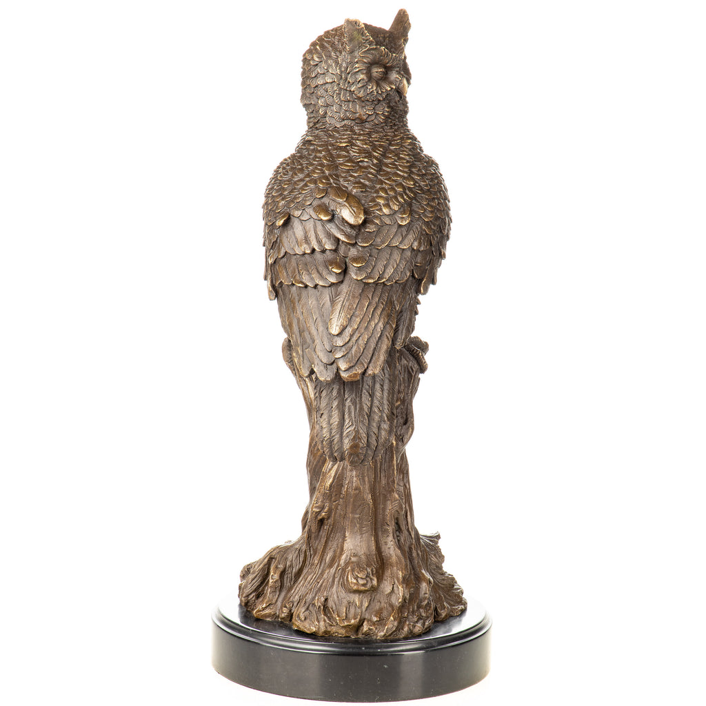 Bronze Skulptur Eule auf Baumstamm – Tierfigur auf Marmorsockel