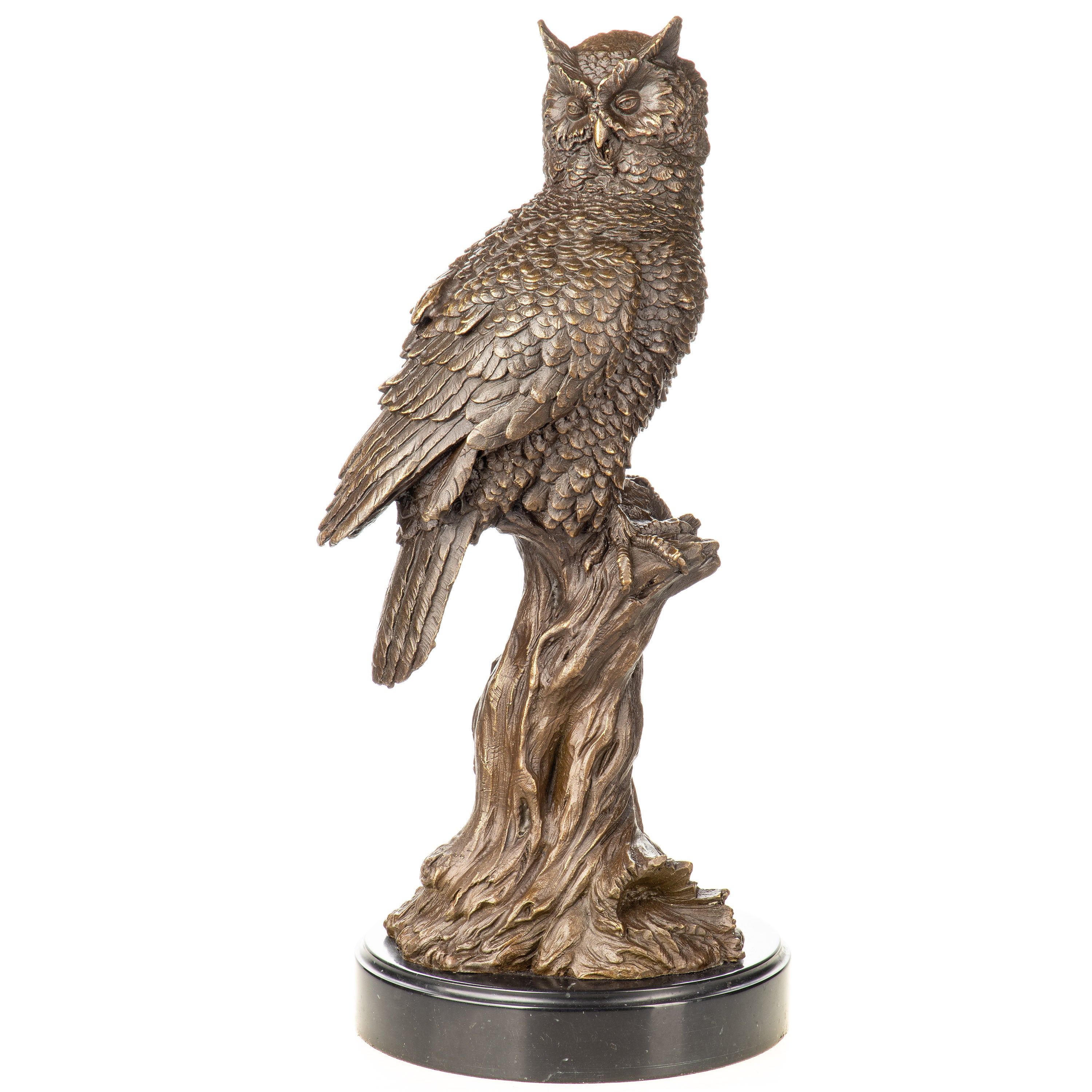 Bronze Skulptur Eule auf Baumstamm – Tierfigur auf Marmorsockel