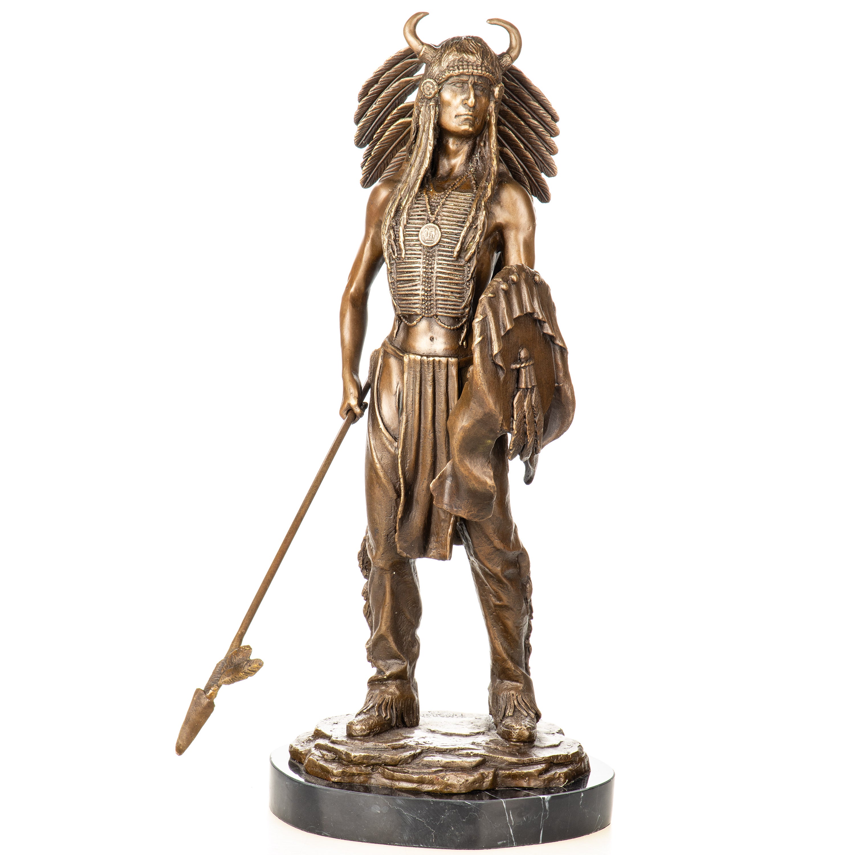 Bronze Skulptur Indianer Häuptling mit Speer & Schild – Kriegerfigur