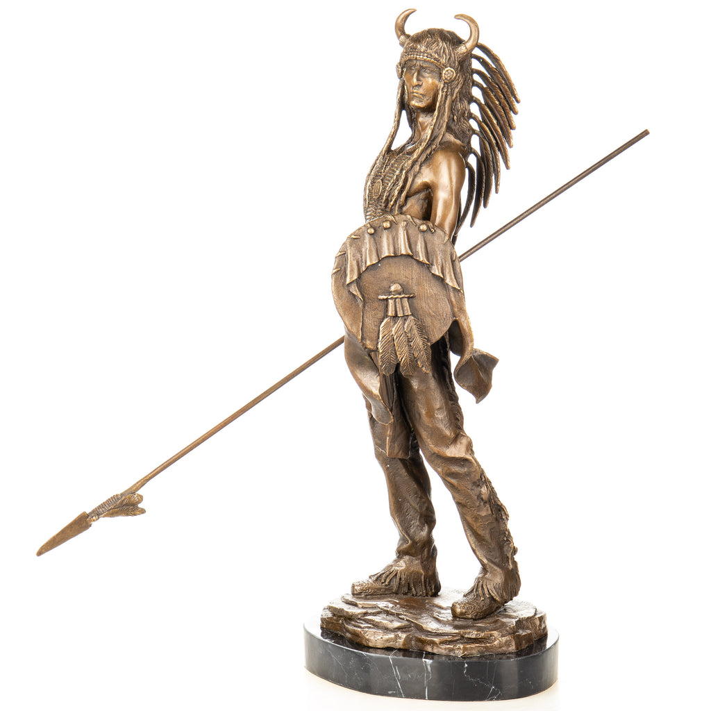 Bronze Skulptur Indianer Häuptling mit Speer & Schild – Kriegerfigur