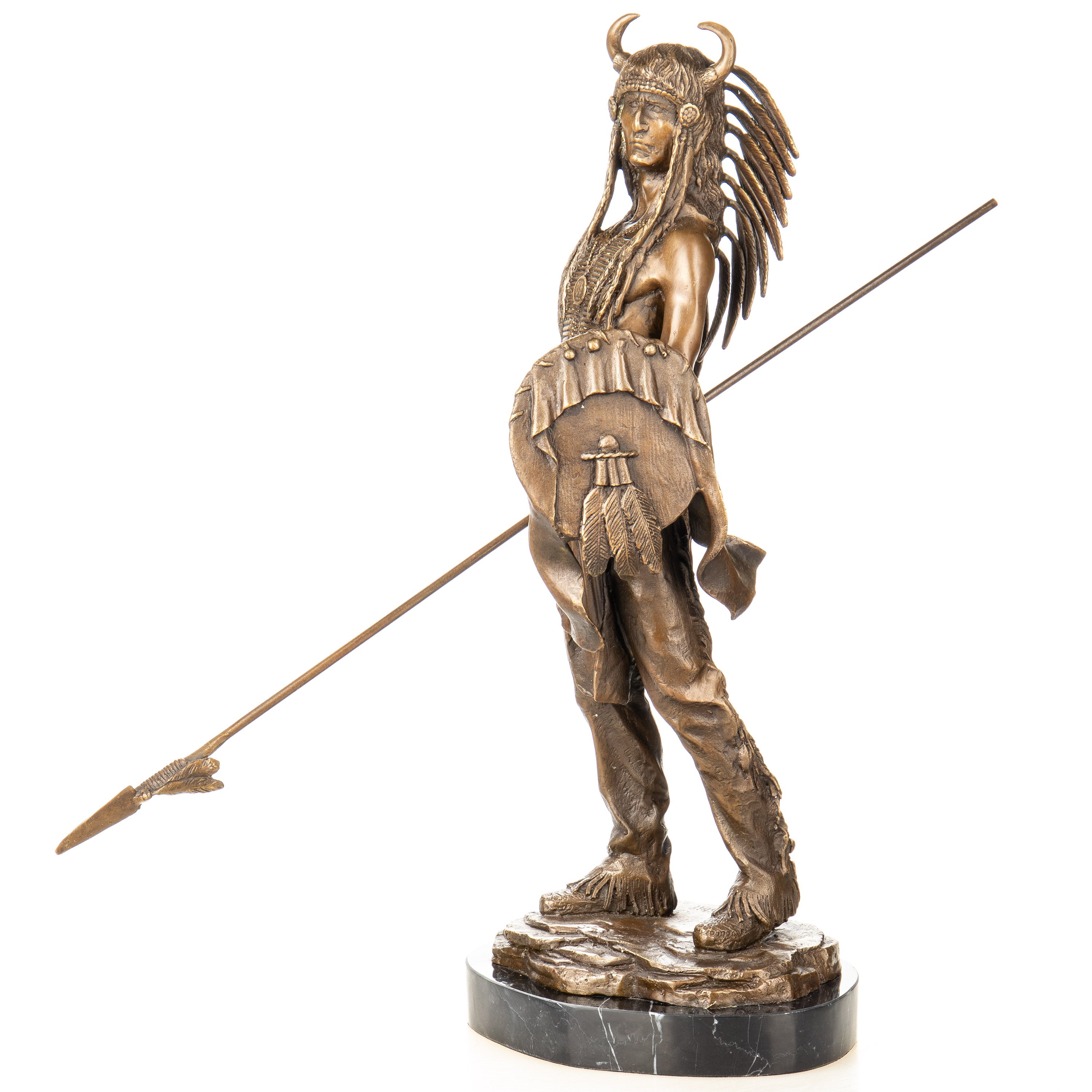 Bronze Skulptur Indianer Häuptling mit Speer & Schild – Kriegerfigur