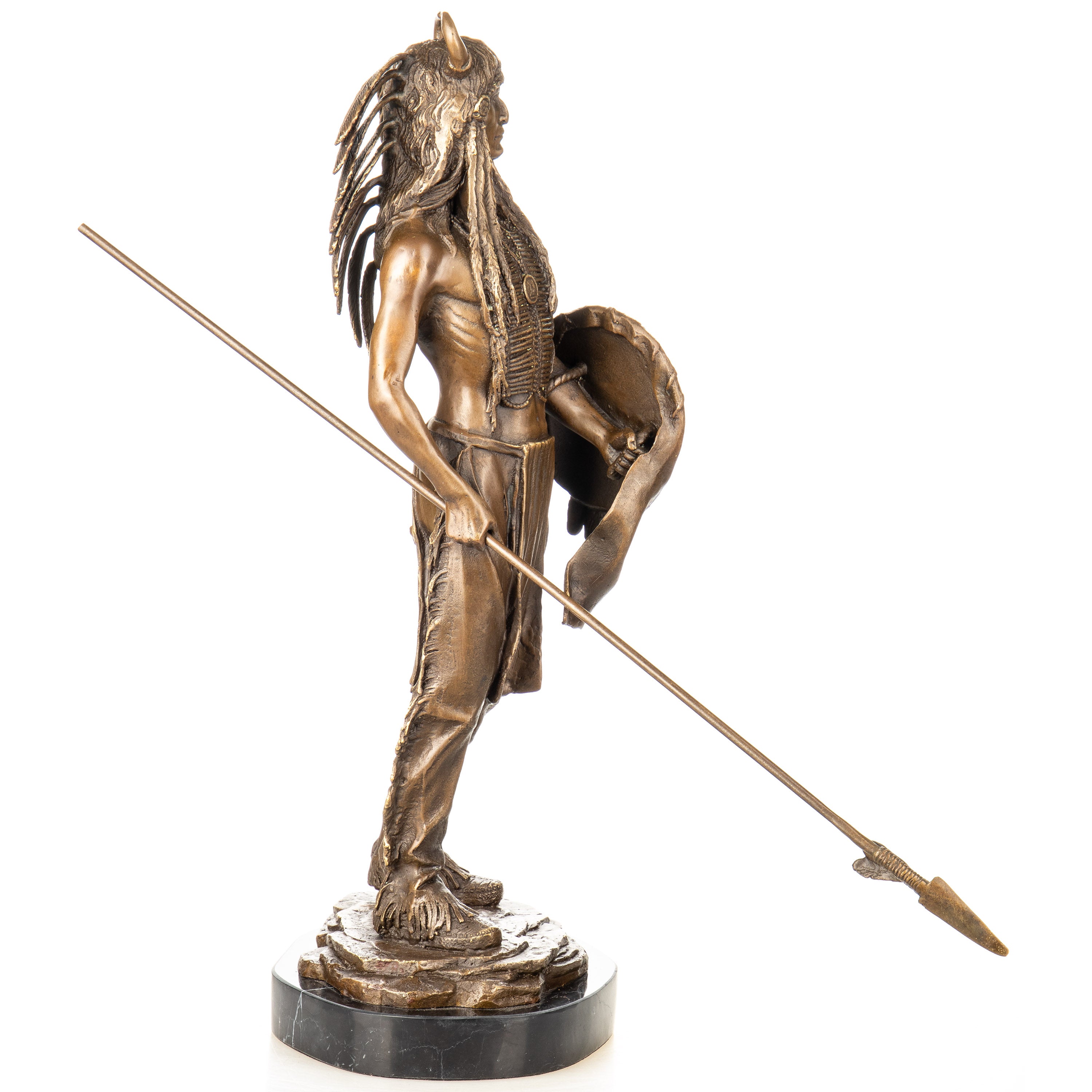 Bronze Skulptur Indianer Häuptling mit Speer & Schild – Kriegerfigur
