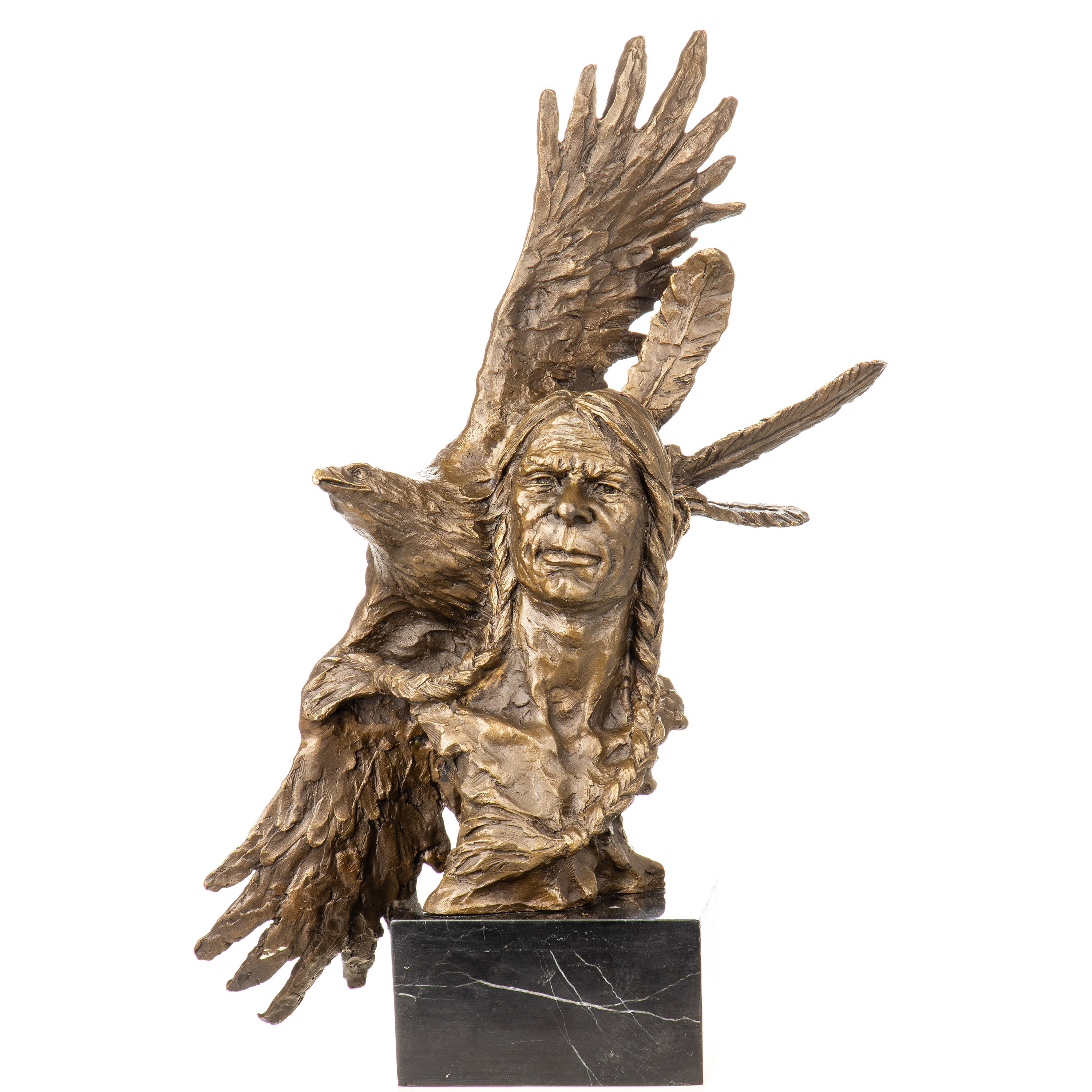 Bronze Skulptur Indianer mit Adler – Büste auf Marmorsockel