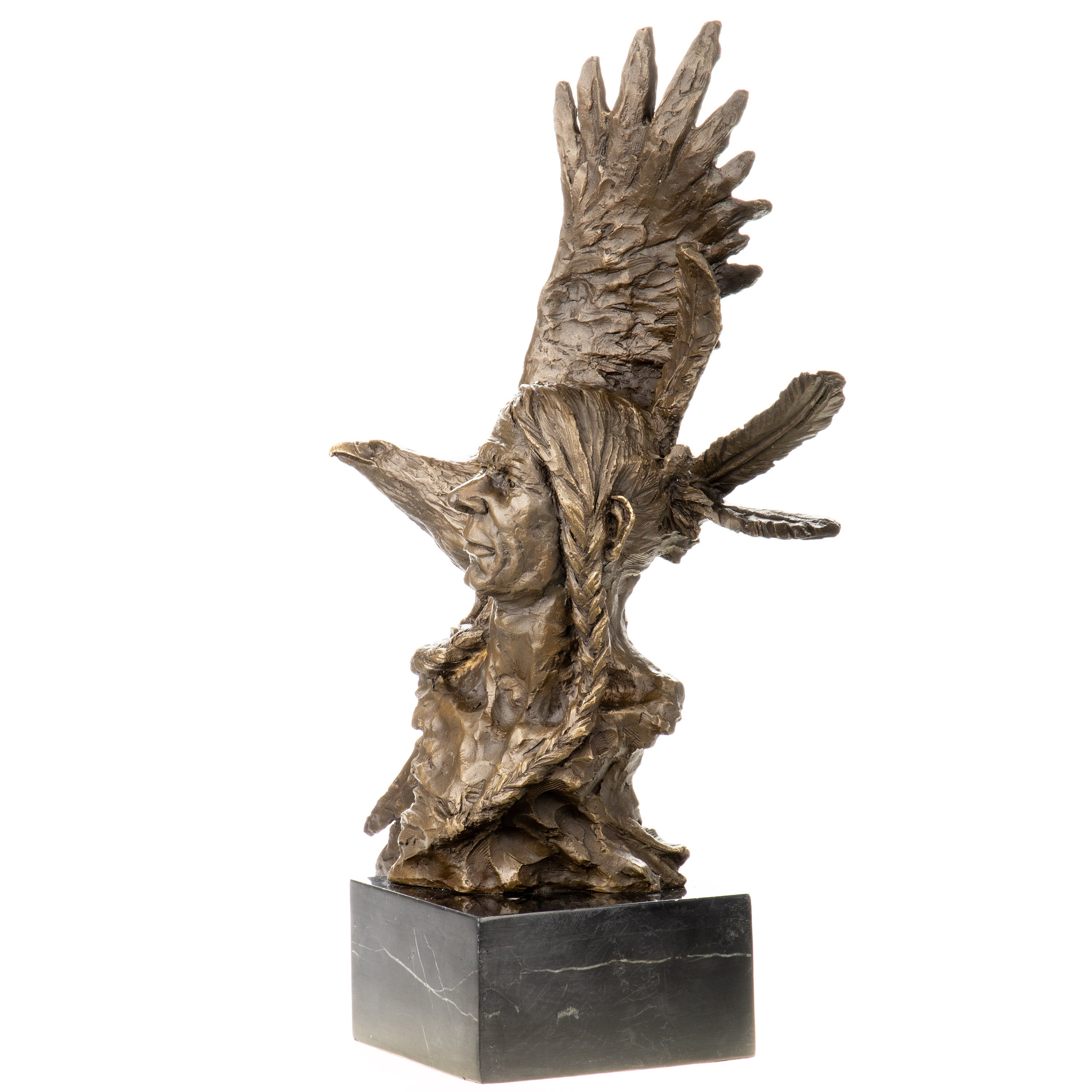 Bronze Skulptur Indianer mit Adler – Büste auf Marmorsockel