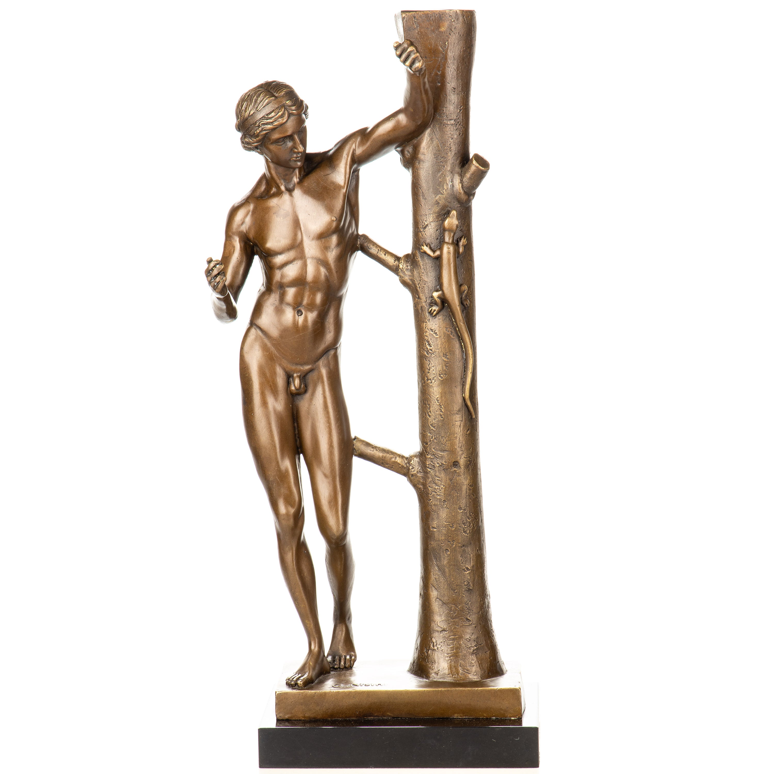 Bronze Skulptur Apollo Sauroktonos - Mythologische Aktfigur auf Marmorsockel