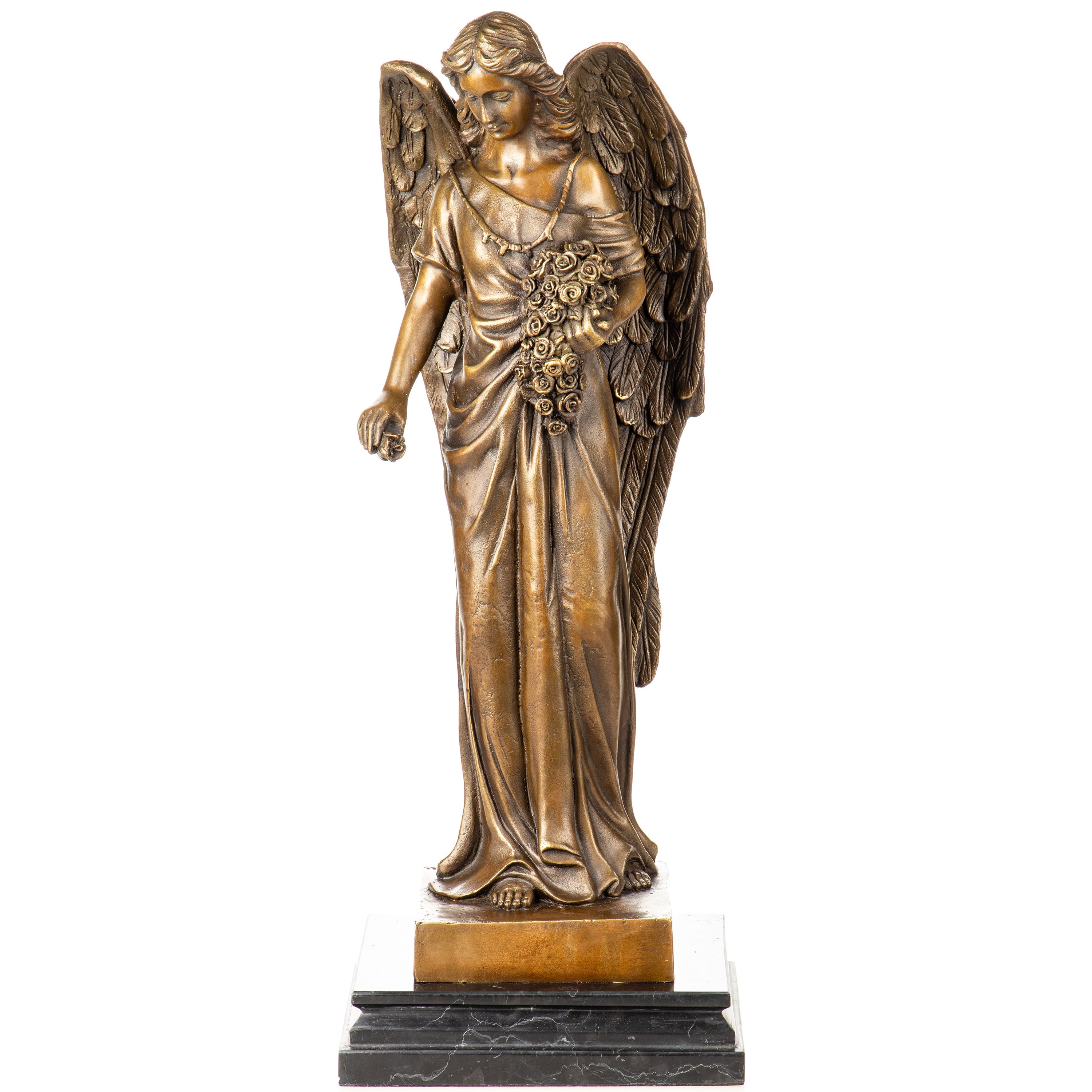Bronze Skulptur Engel mit Rosen – Schutzengel Figur auf Marmorsockel