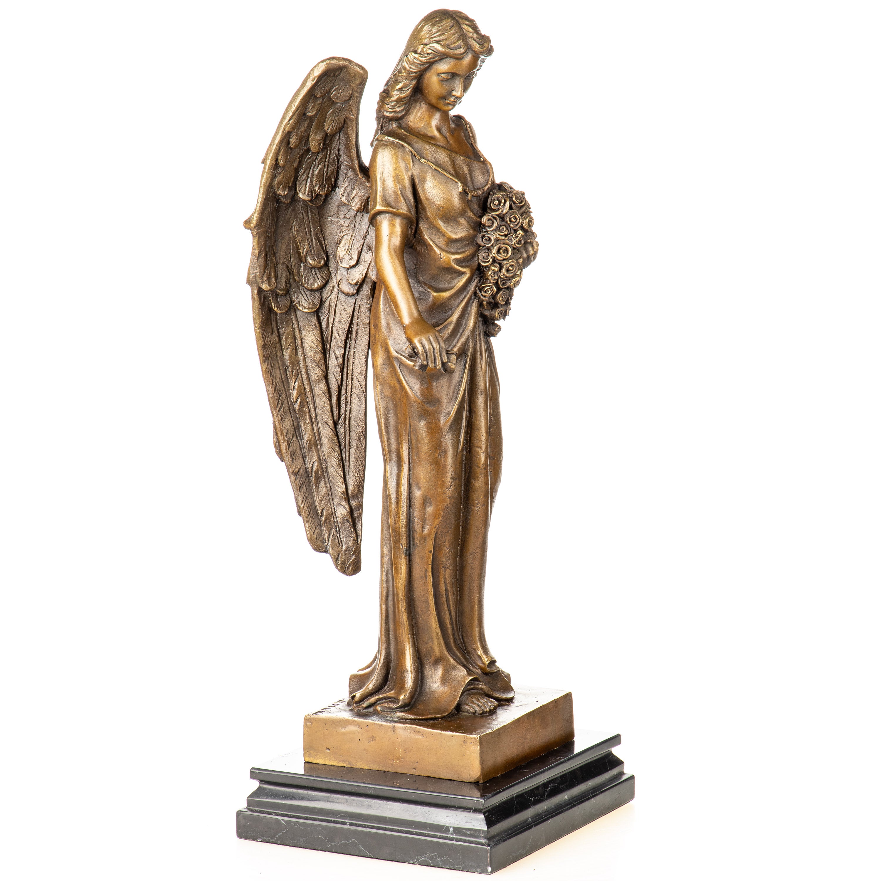 Bronze Skulptur Engel mit Rosen – Schutzengel Figur auf Marmorsockel
