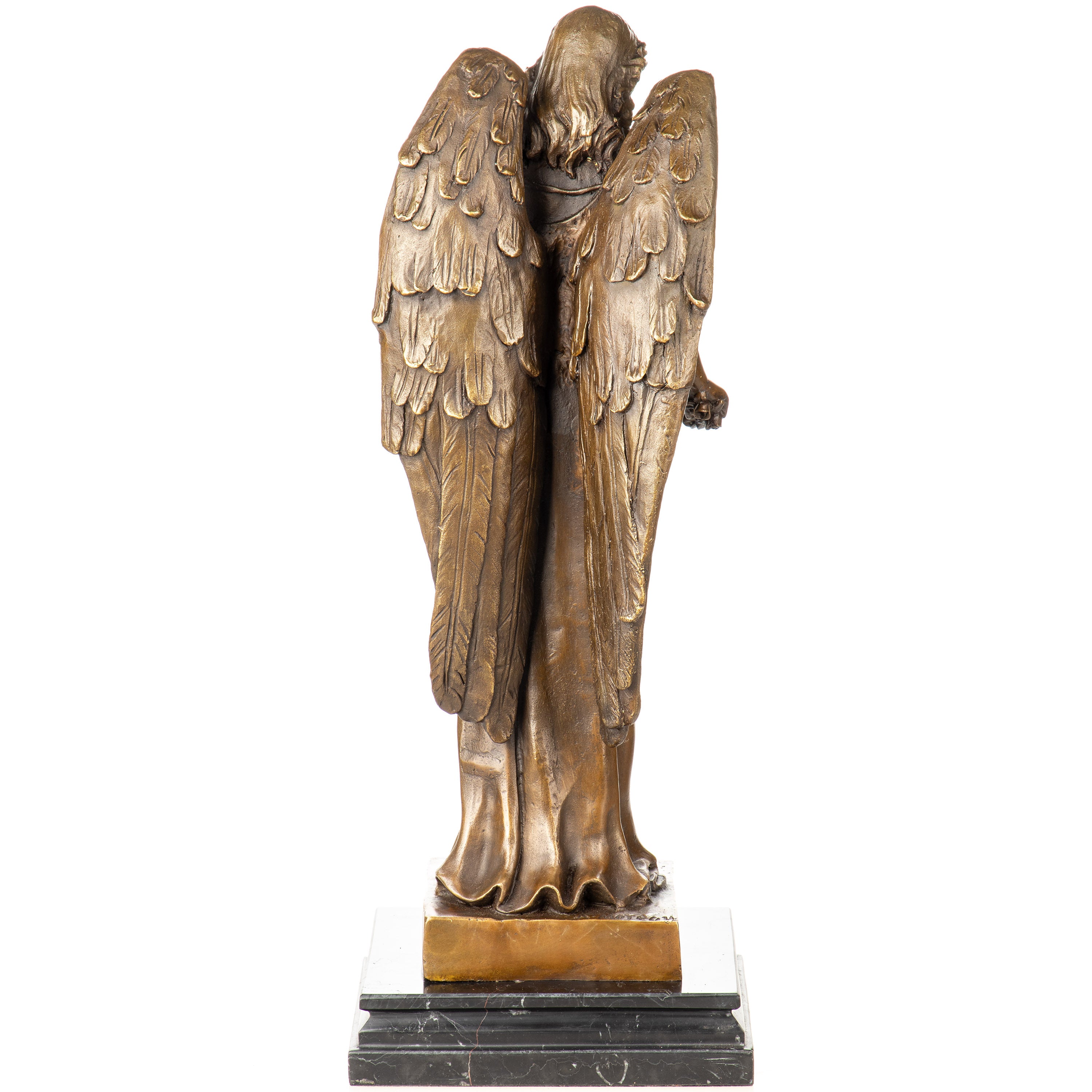Bronze Skulptur Engel mit Rosen – Schutzengel Figur auf Marmorsockel
