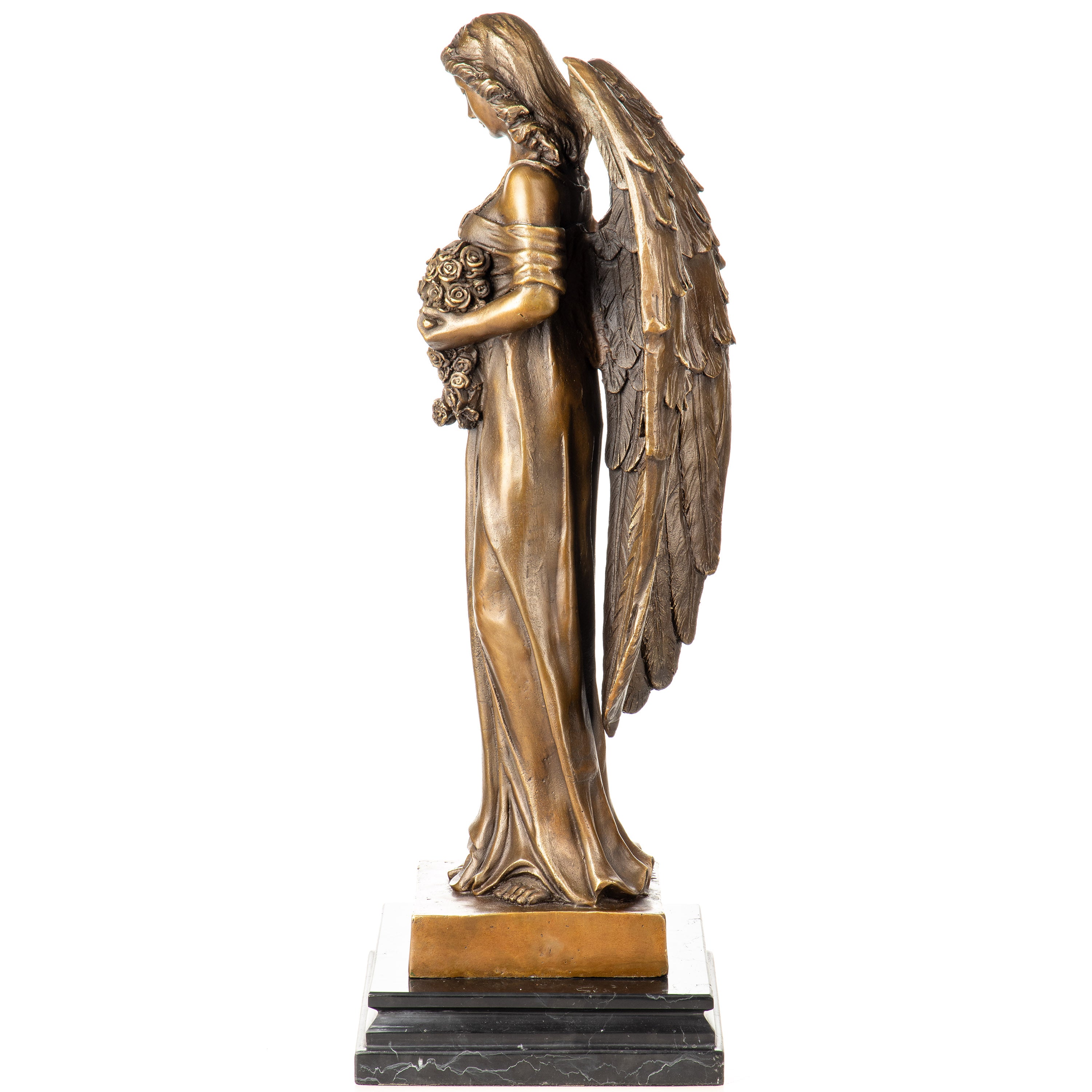 Bronze Skulptur Engel mit Rosen – Schutzengel Figur auf Marmorsockel