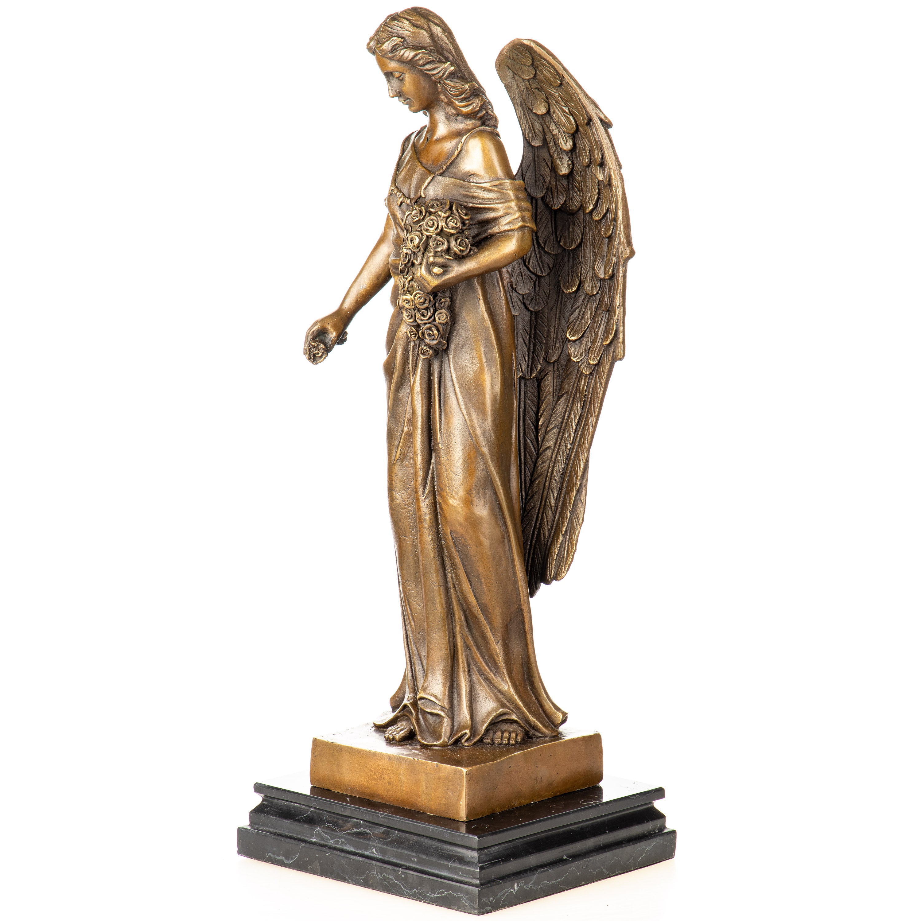Bronze Skulptur Engel mit Rosen – Schutzengel Figur auf Marmorsockel