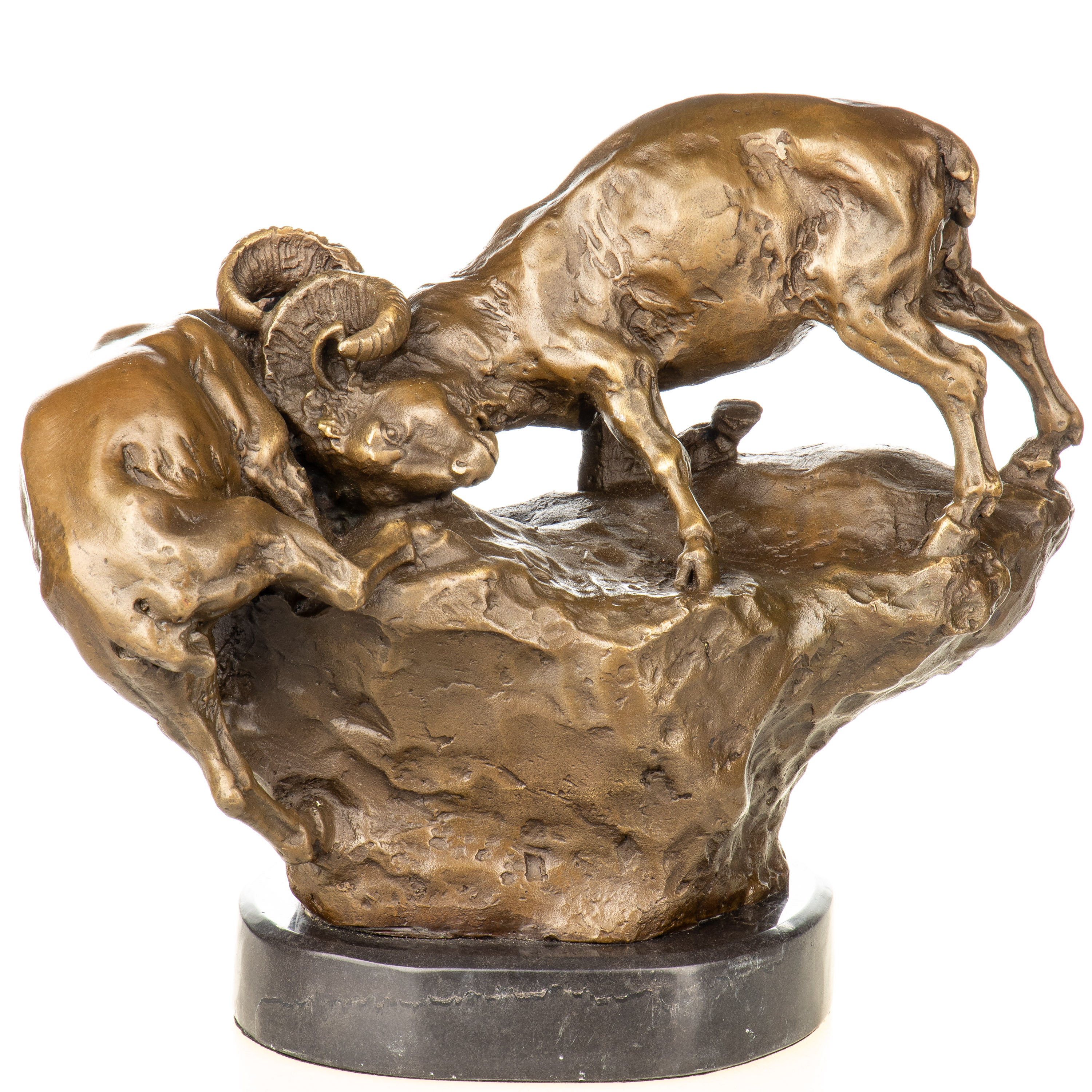 Bronze Skulptur kämpfende Widder - signierte Tierfigur auf Marmorsockel