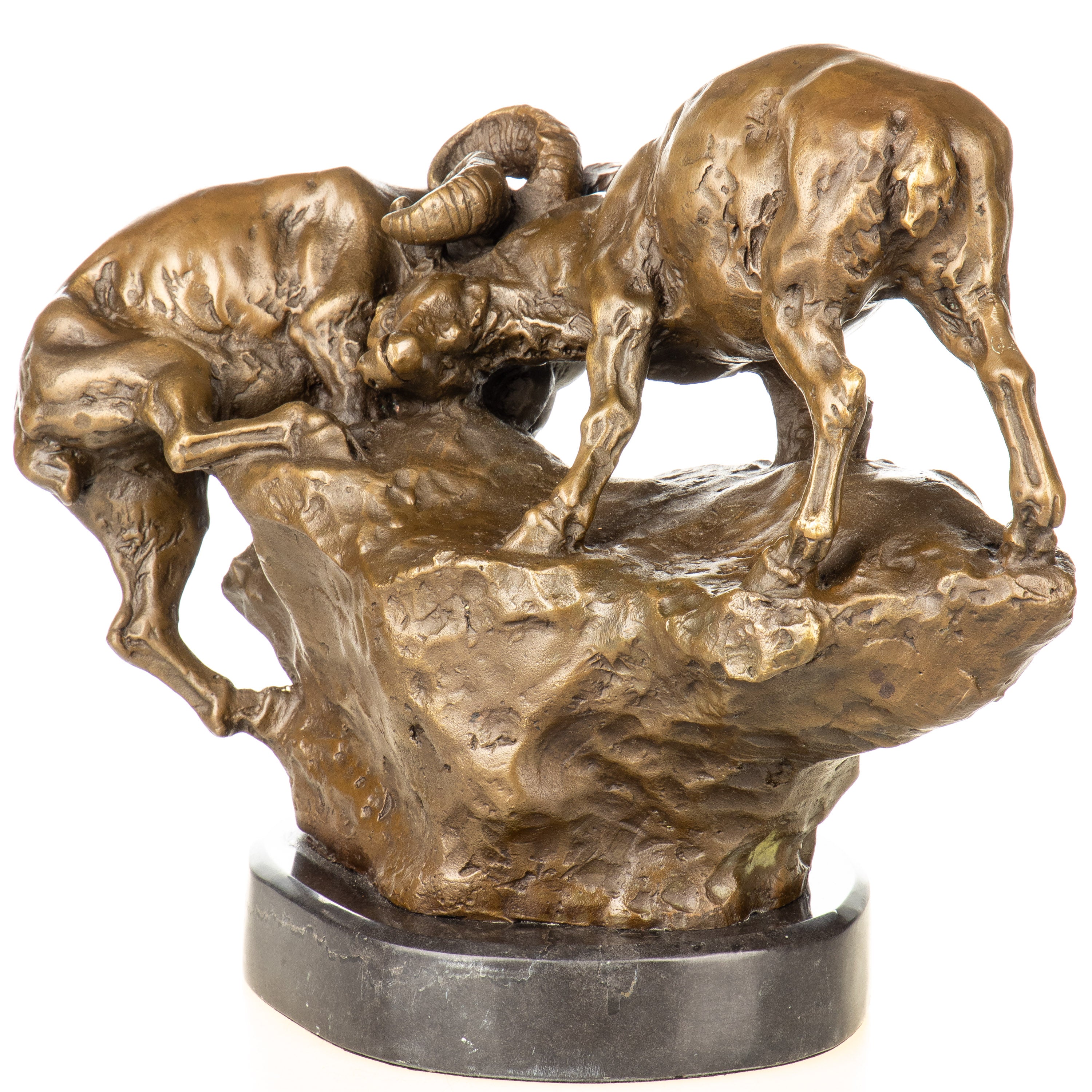Bronze Skulptur kämpfende Widder - signierte Tierfigur auf Marmorsockel