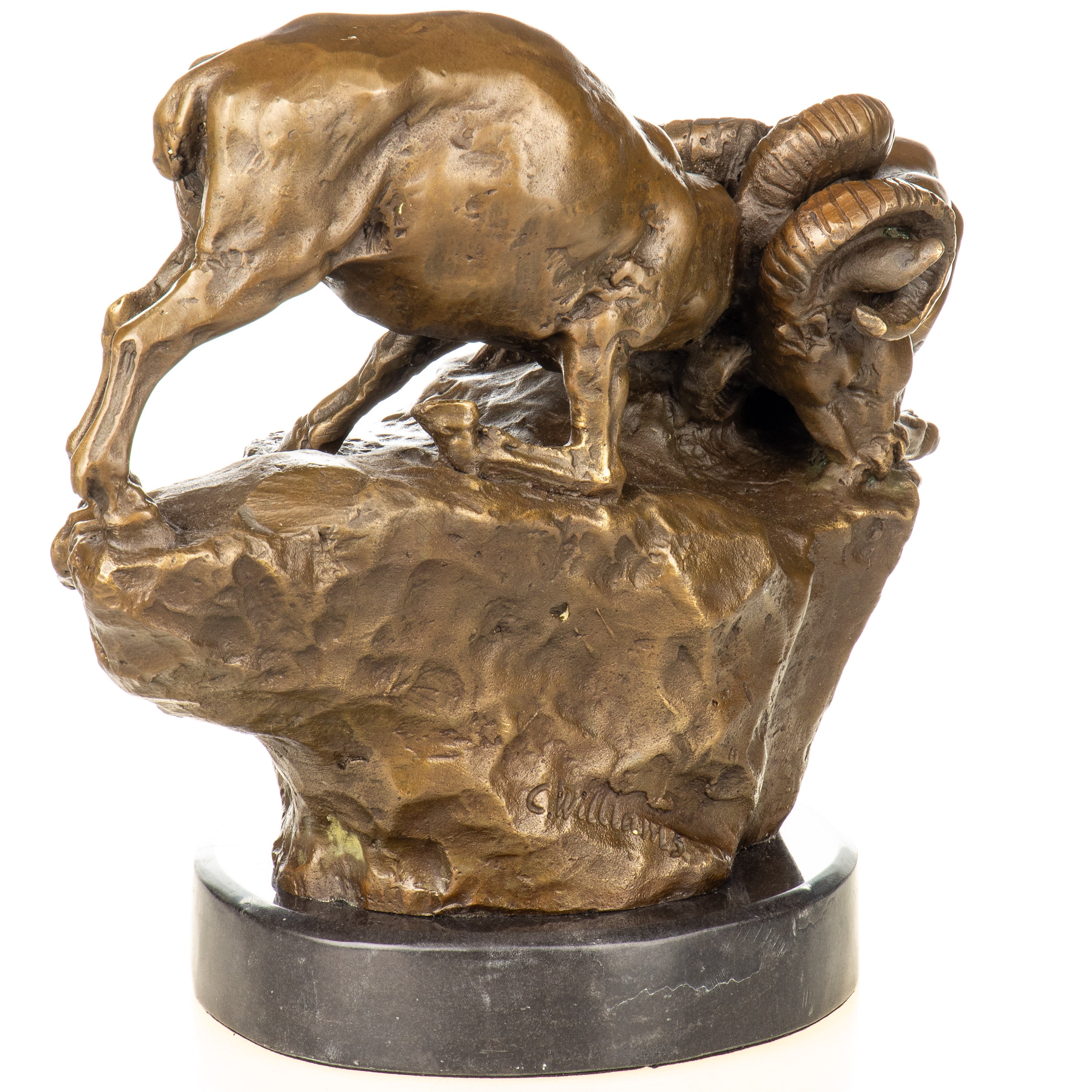Bronze Skulptur kämpfende Widder - signierte Tierfigur auf Marmorsockel