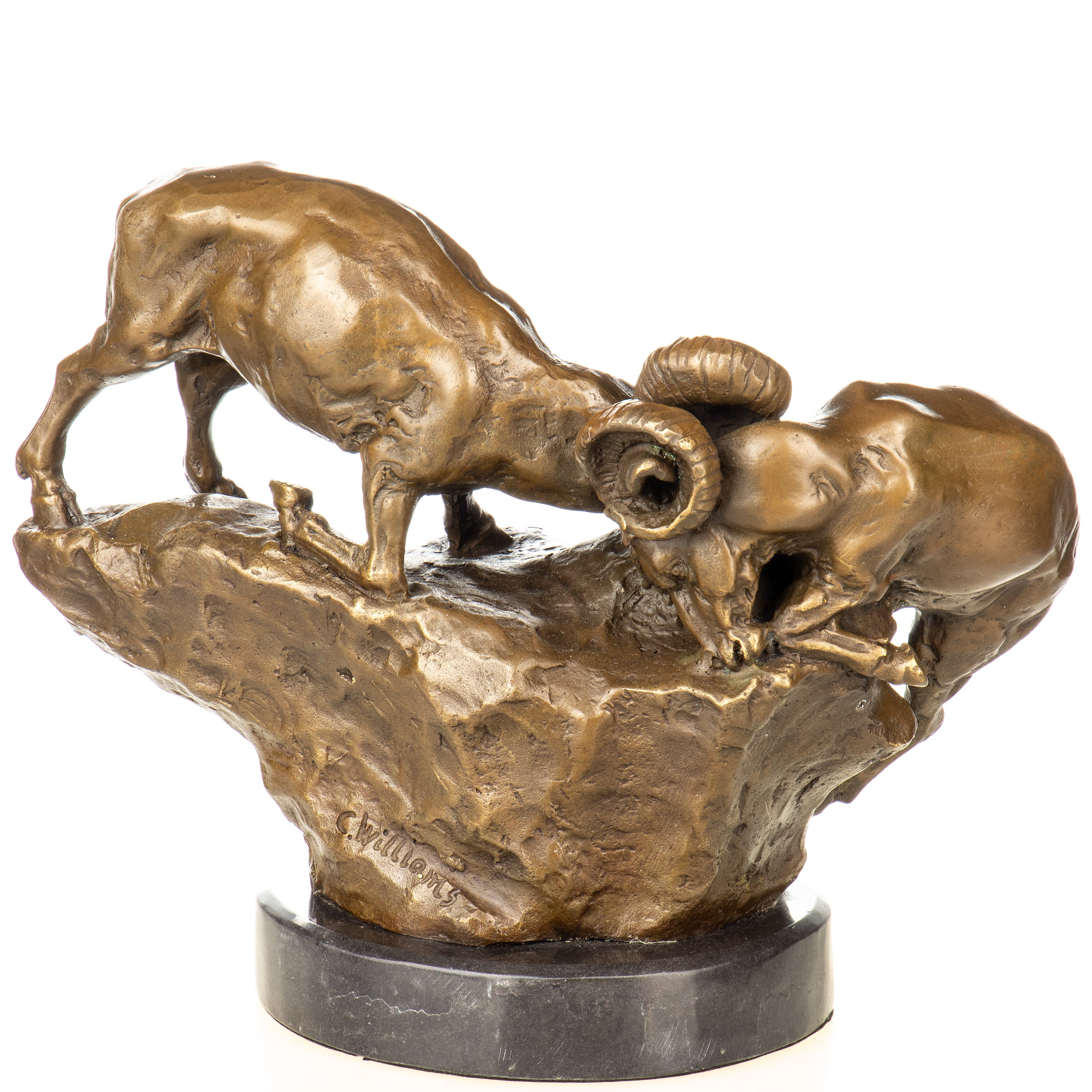 Bronze Skulptur kämpfende Widder - signierte Tierfigur auf Marmorsockel