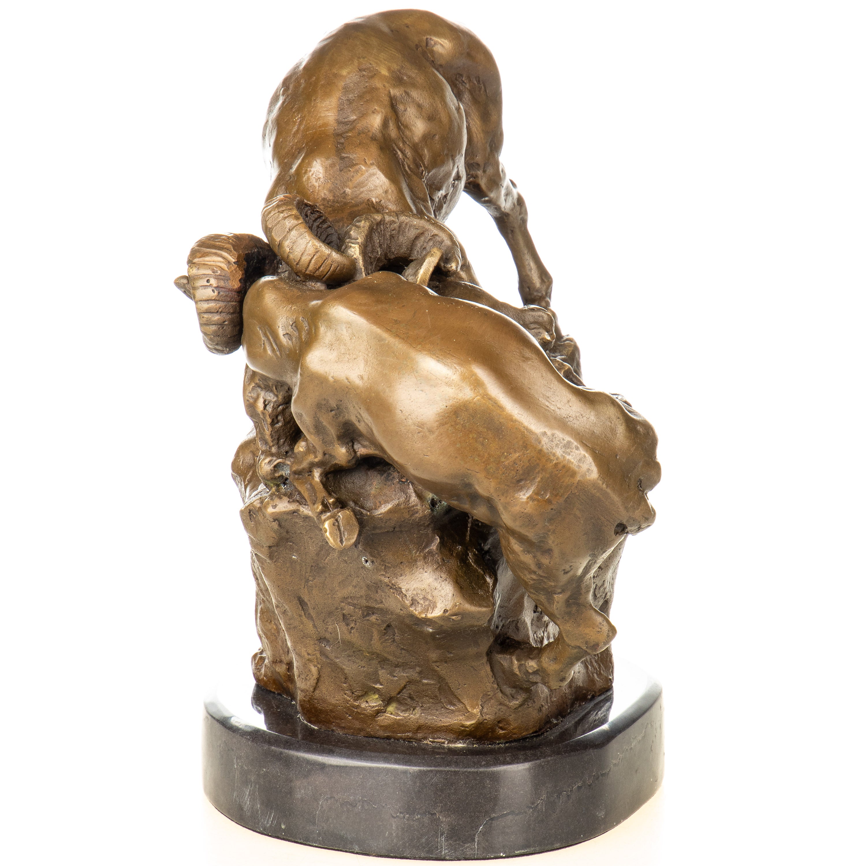 Bronze Skulptur kämpfende Widder - signierte Tierfigur auf Marmorsockel