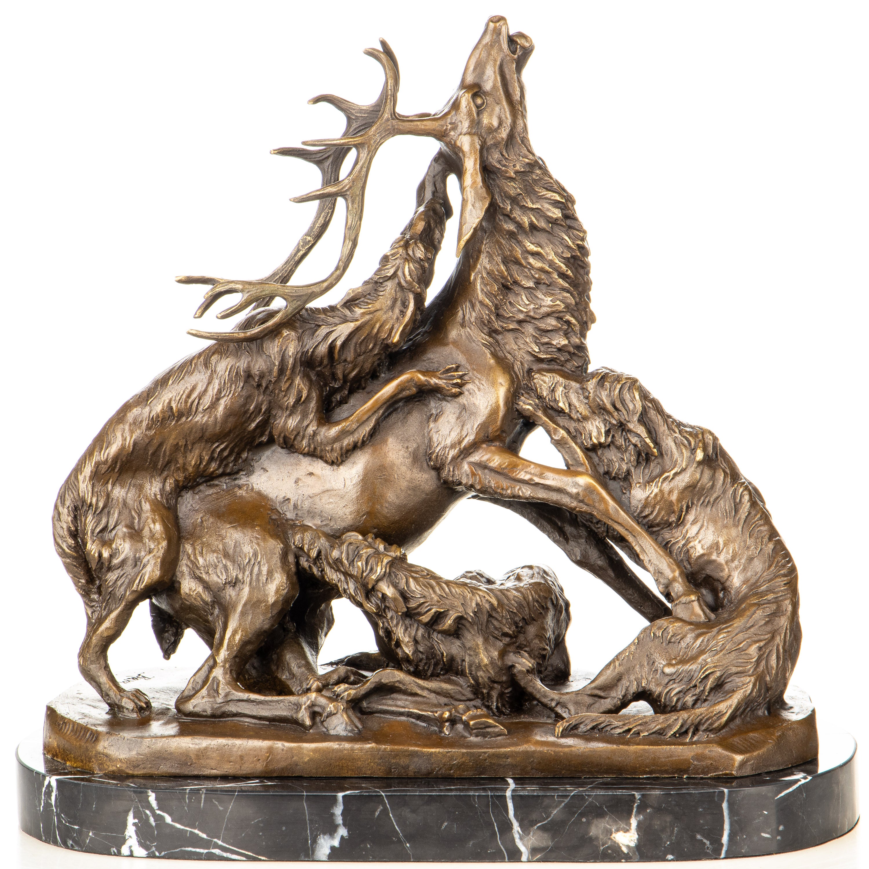 Bronze Skulptur Hirsch im Kampf mit Jagdhunden – Tierfigur auf Marmorsockel
